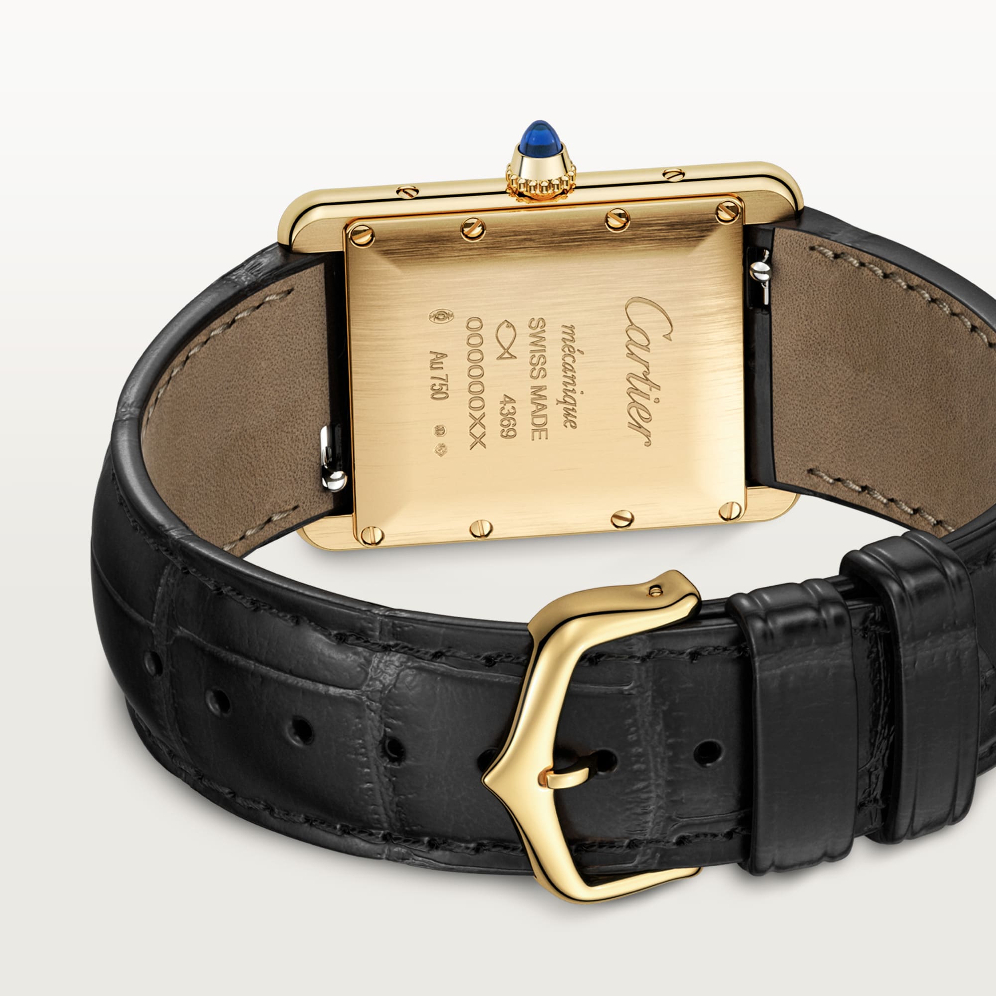 Caseback view of a Dupe Tank Louis Cartier large model watch, showing yellow gold color case engravings and black alligator-patterned leather strap details.