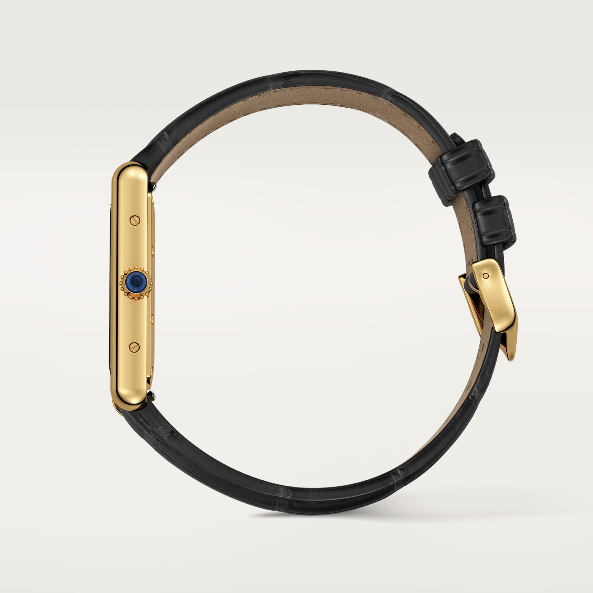 Full side profile of a Dupe Tank Louis Cartier large model watch, yellow gold color case with a black alligator-patterned leather strap.