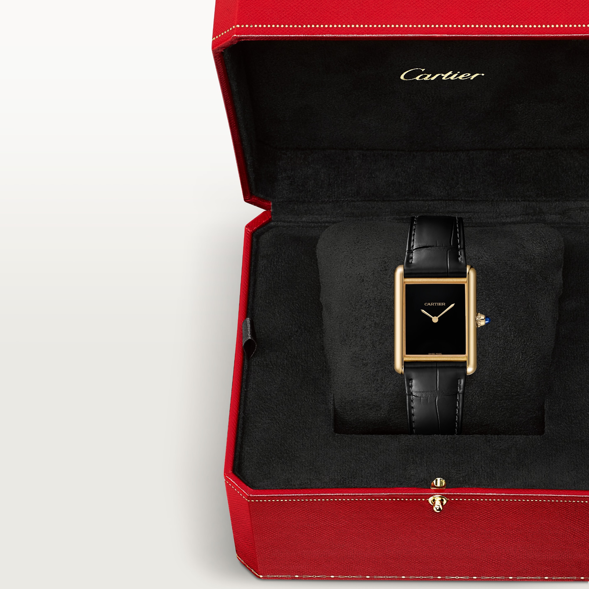 Dupe Tank Louis Cartier large model yellow gold color watch with black dial and black leather strap, presented in its brand packaging box.