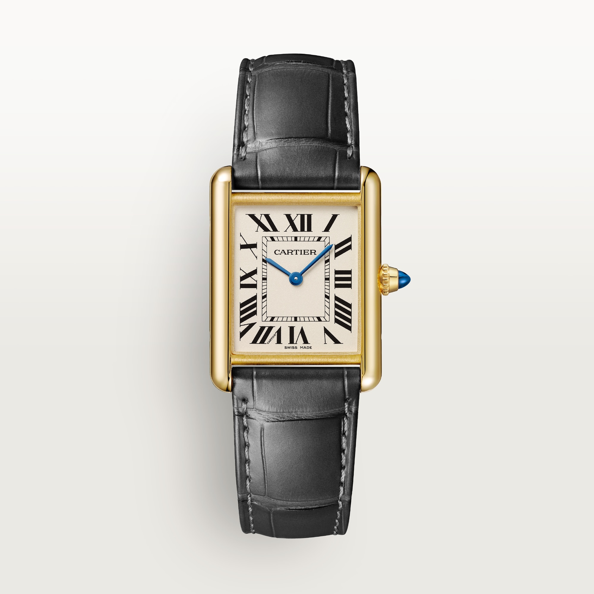 Front view: Dupe Tank Louis Cartier large model watch, yellow gold colors case, white dial, and black leather strap.