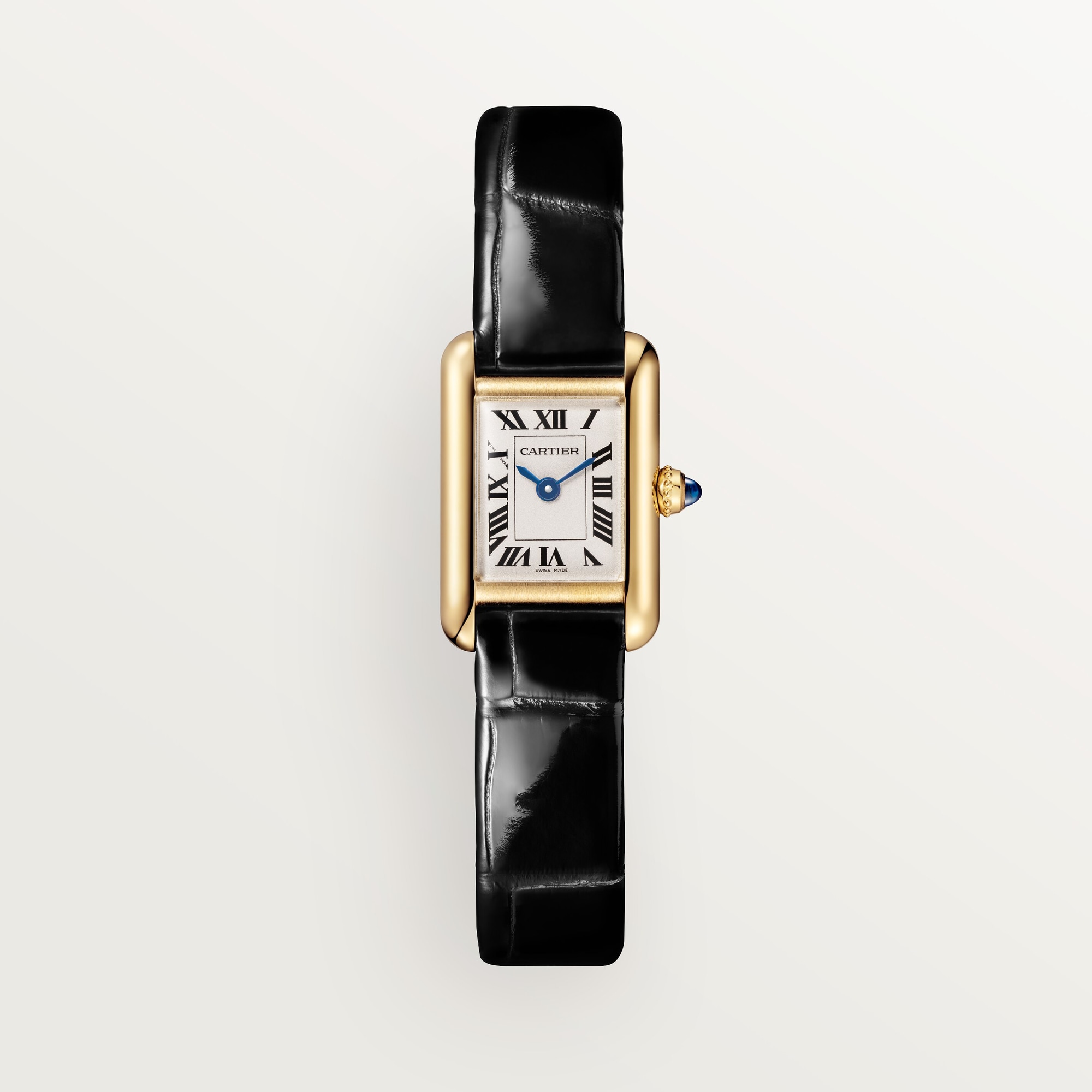 Front view: Dupe Tank Louis Cartier mini model watch, yellow gold colors case, white dial, and black patent leather strap.
