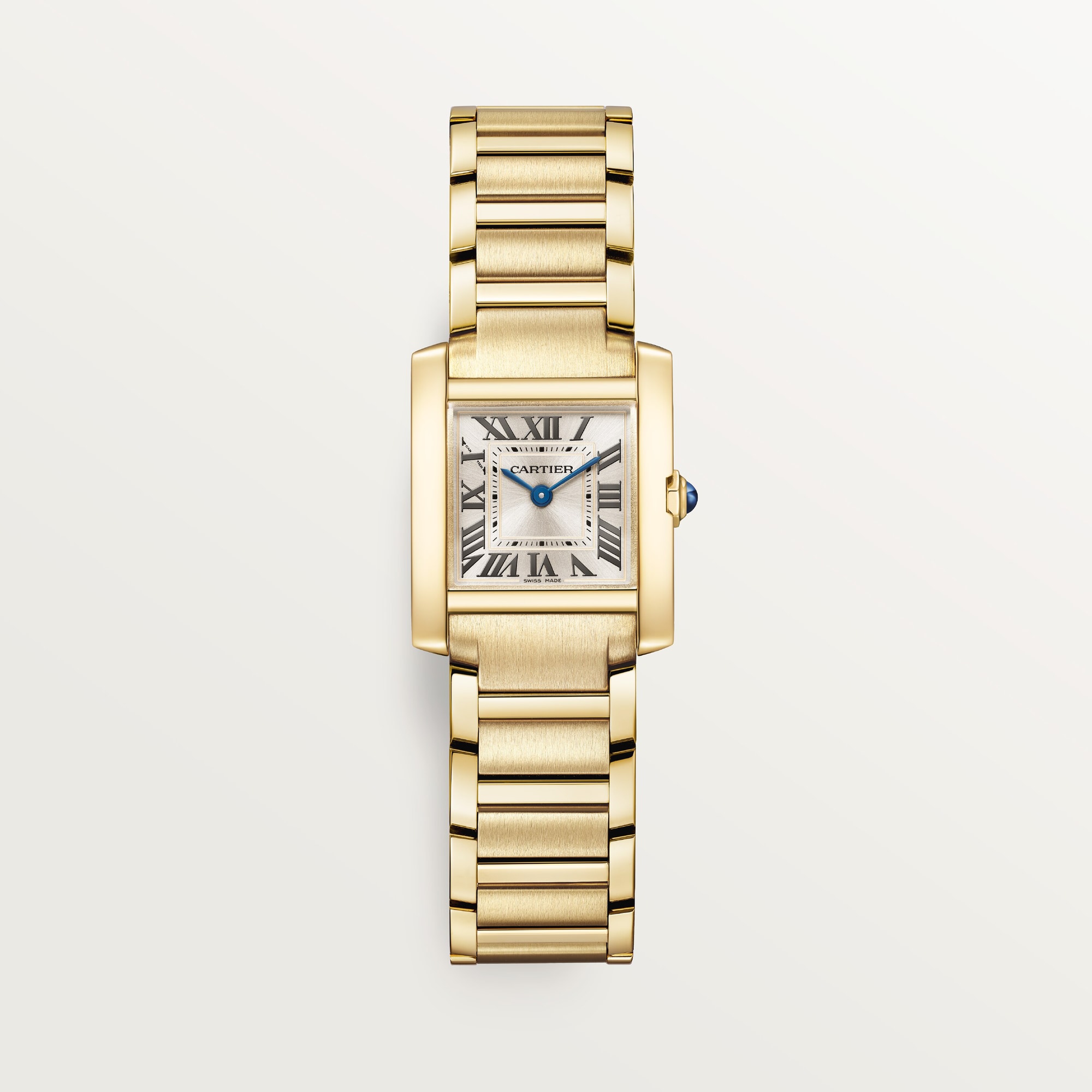 Front view: Dupe Tank Française small model watch with a yellow gold colors case, white dial, and matching metal bracelet.