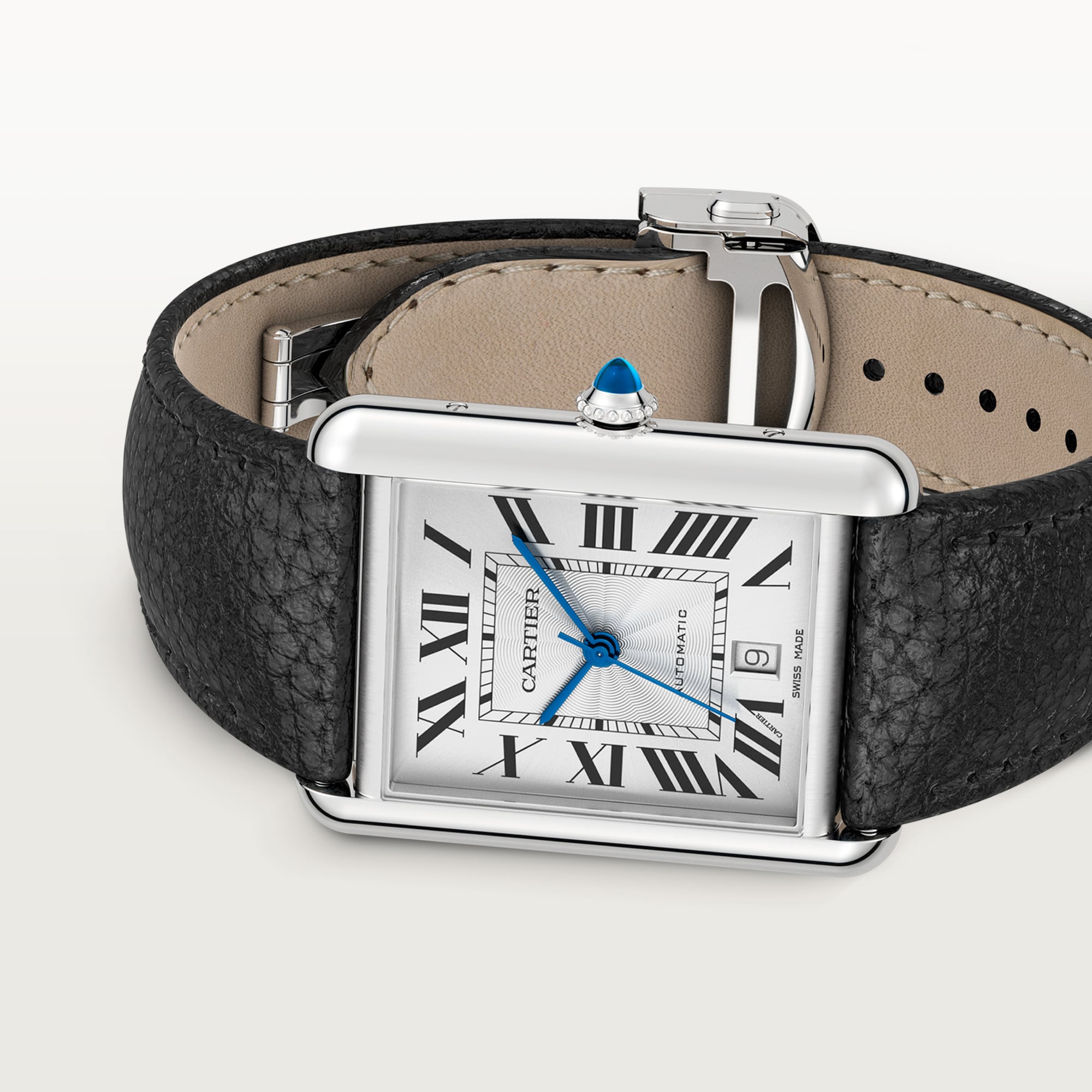Angled view: Dupe Tank Must extra-large model watch with steel case, white dial, and black leather strap.