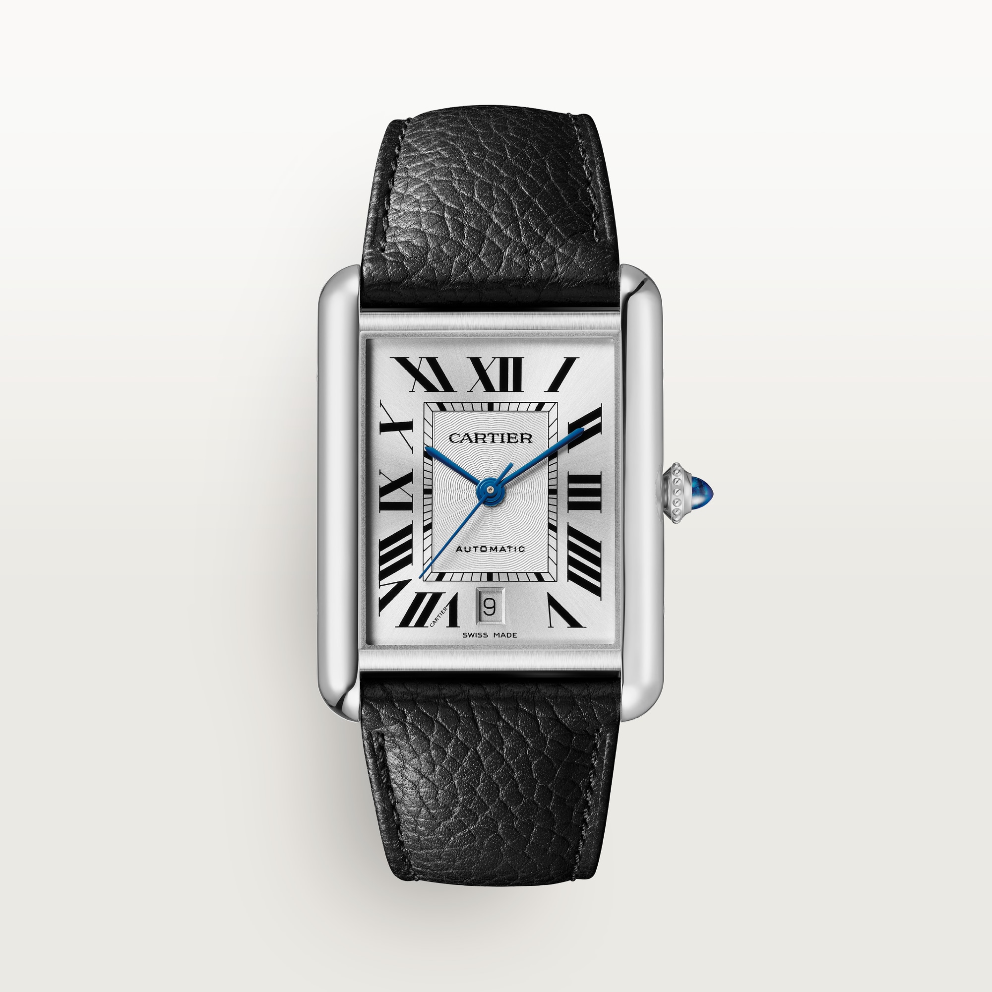 Front view: Dupe Tank Must extra-large model watch, steel case, white dial with date, and black leather strap.