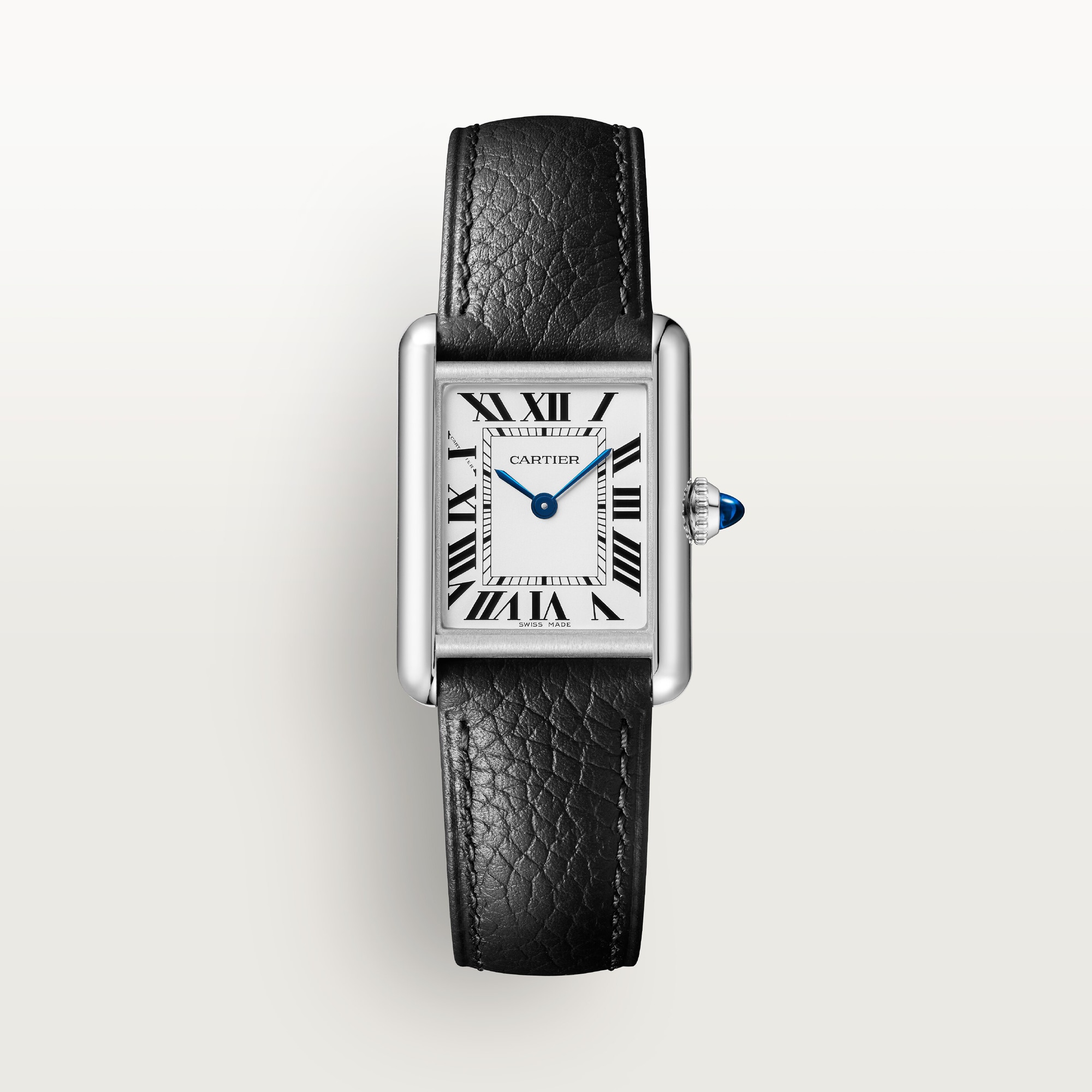 Front view of the small Tank Must Solarbeat™ dupe Cartier watch: steel case, white Roman numeral dial, and black leather strap.