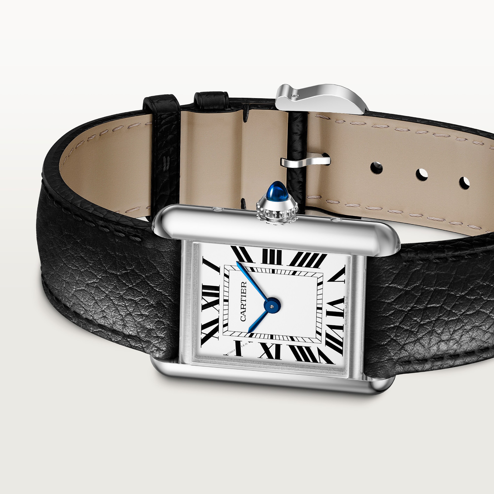 Angled view of a small Tank Must Solarbeat™ dupe Cartier watch: steel case, white Roman dial, blue hands, and black leather strap.