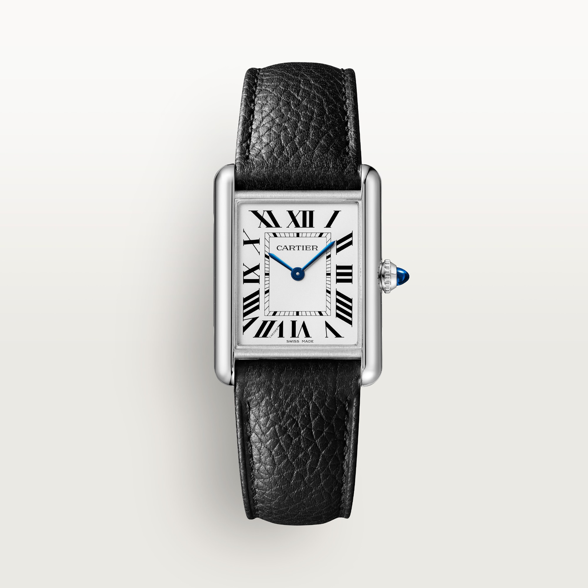 Front view of the large Tank Must Solarbeat™ dupe Cartier watch: steel case, white Roman numeral dial, and black leather strap.