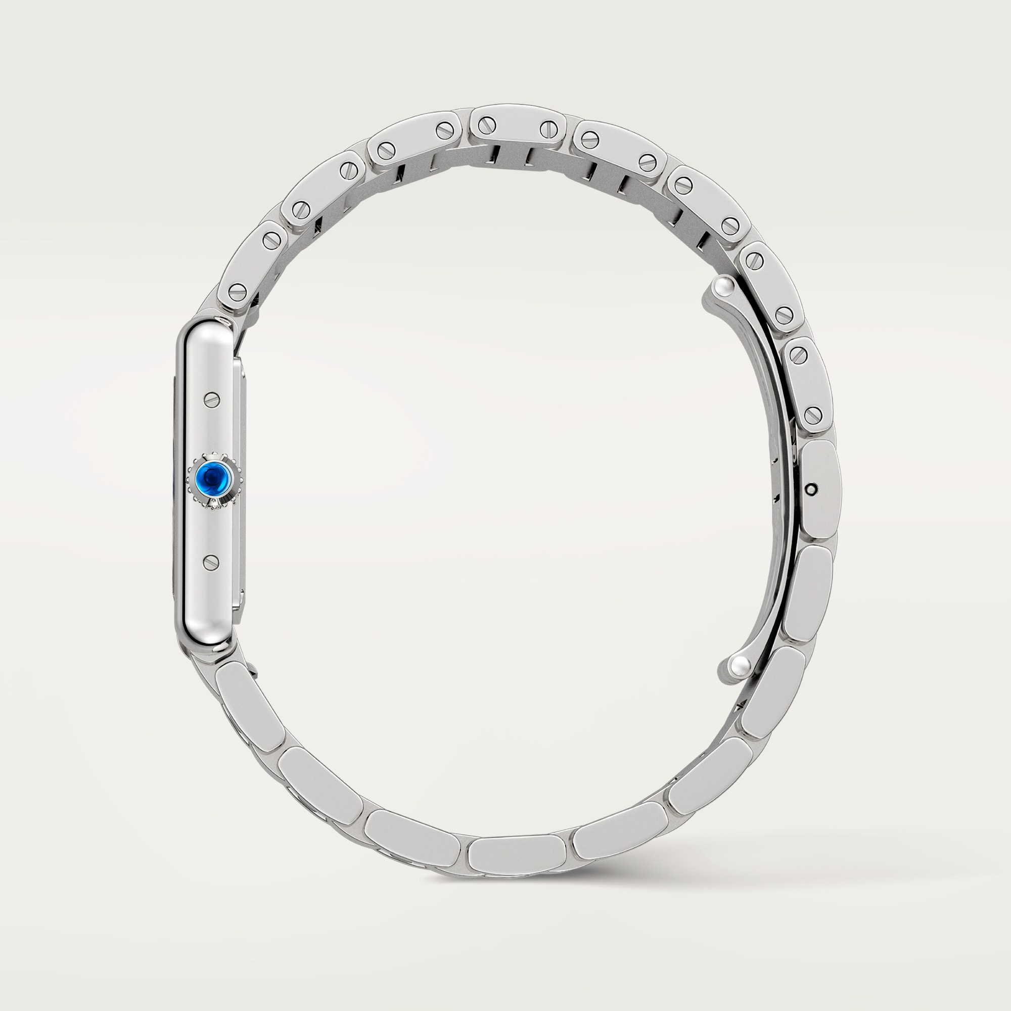 Side profile of the small steel Tank Must dupe Cartier watch, highlighting its slim case and crown.