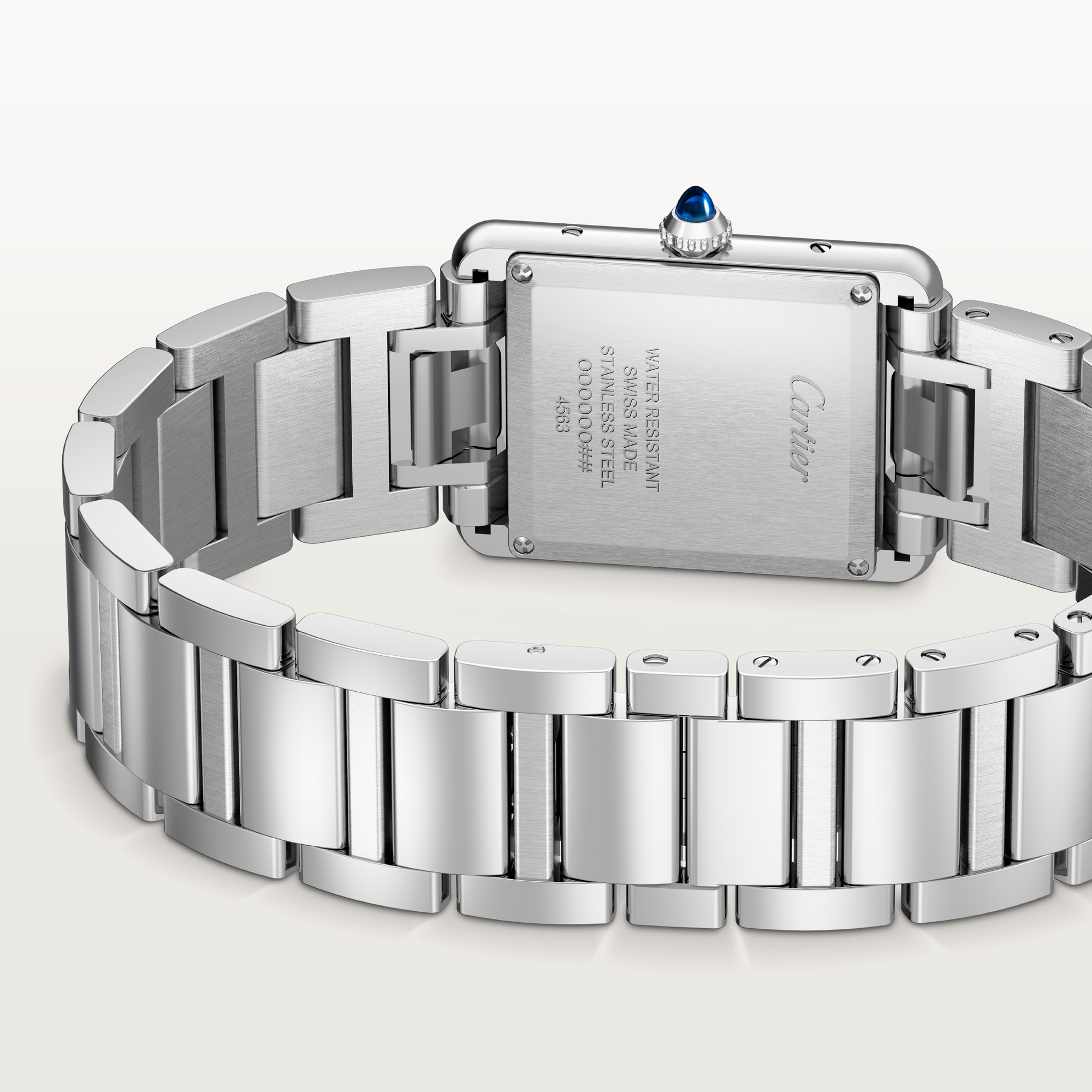 Caseback and steel bracelet detail of the small Tank Must Solarbeat™ dupe Cartier watch, full steel version.