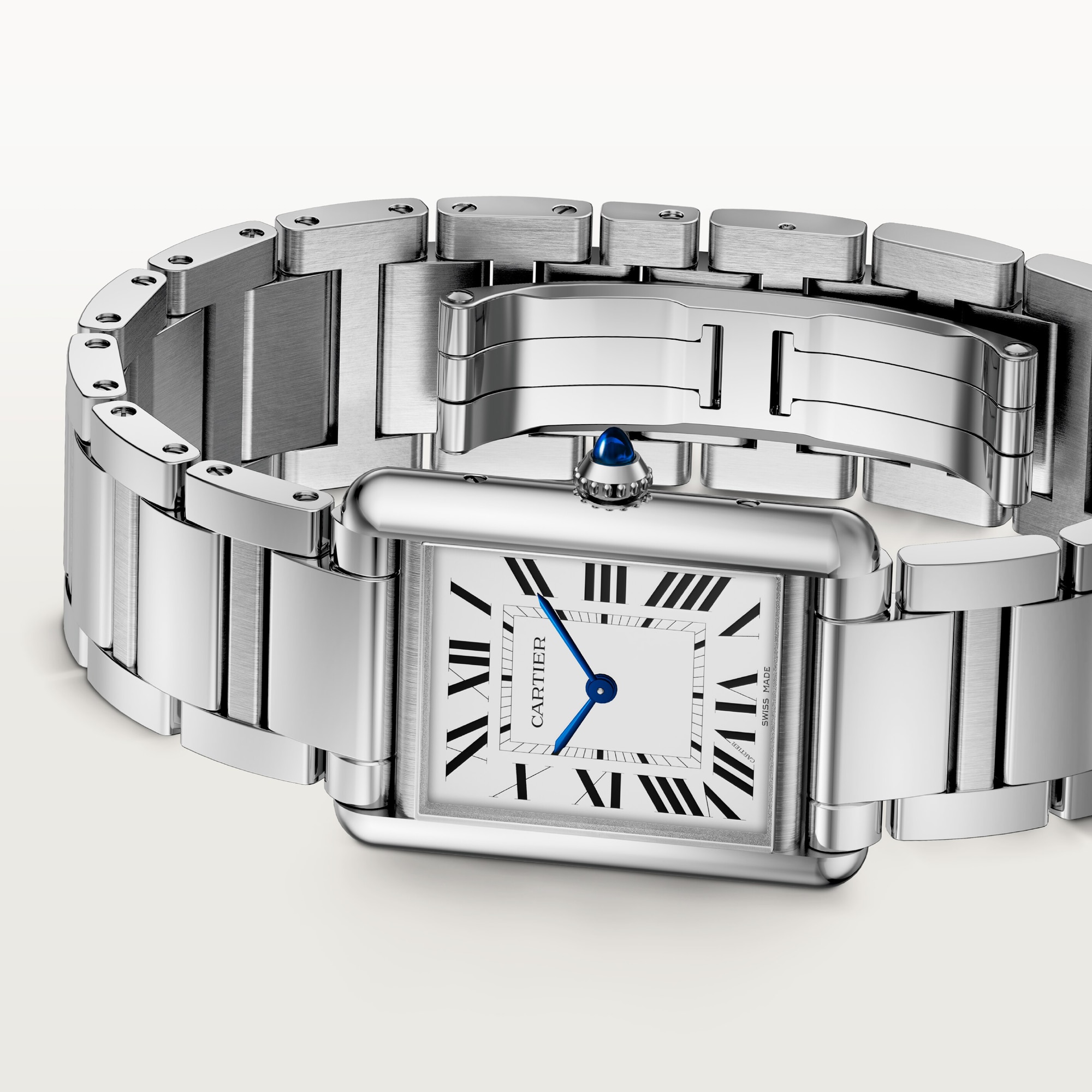 Angled view of a small Tank Must Solarbeat™ dupe Cartier watch with a full steel case, white Roman dial, and steel bracelet.