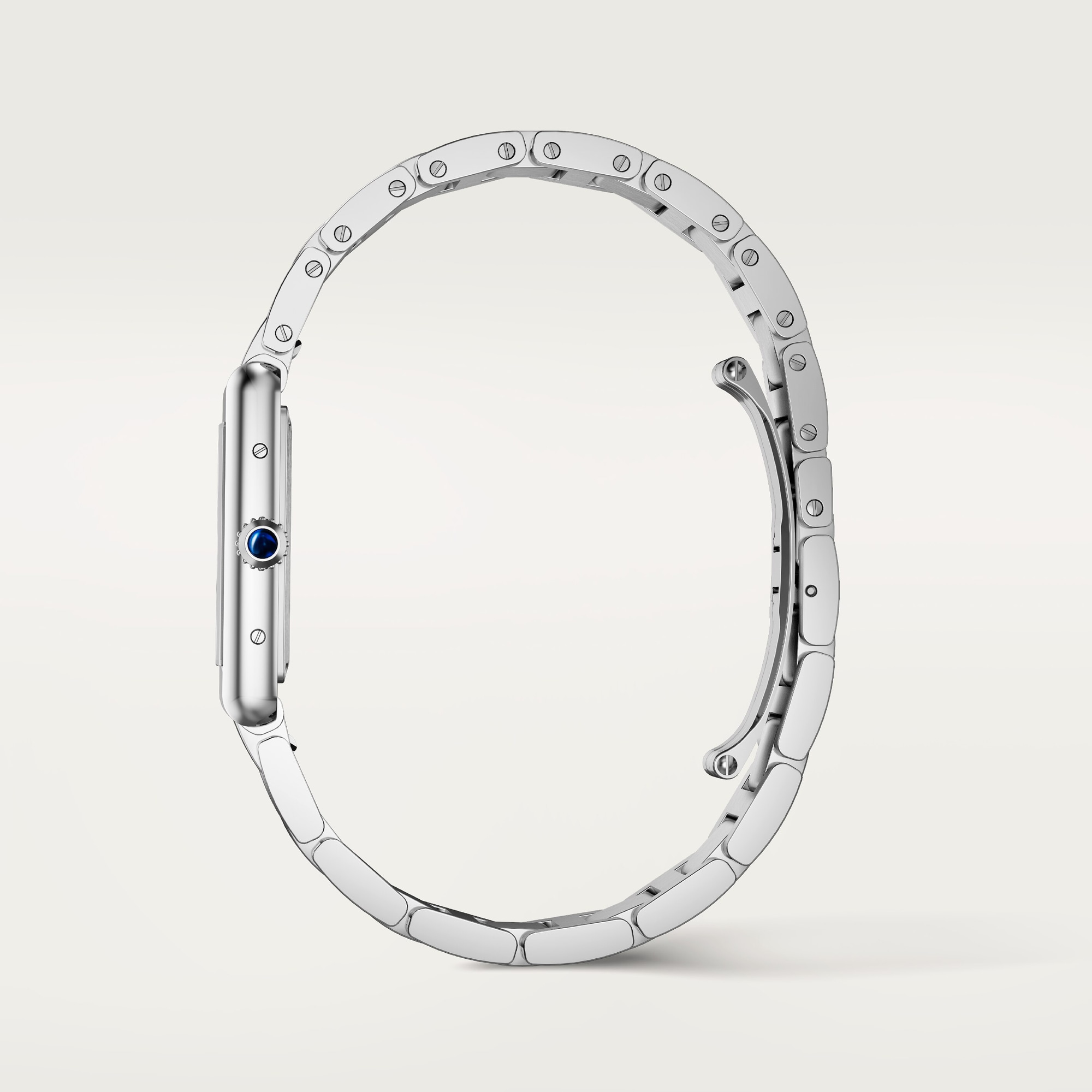 Side profile of the small Tank Must Solarbeat™ dupe Cartier watch with a full steel case and bracelet.