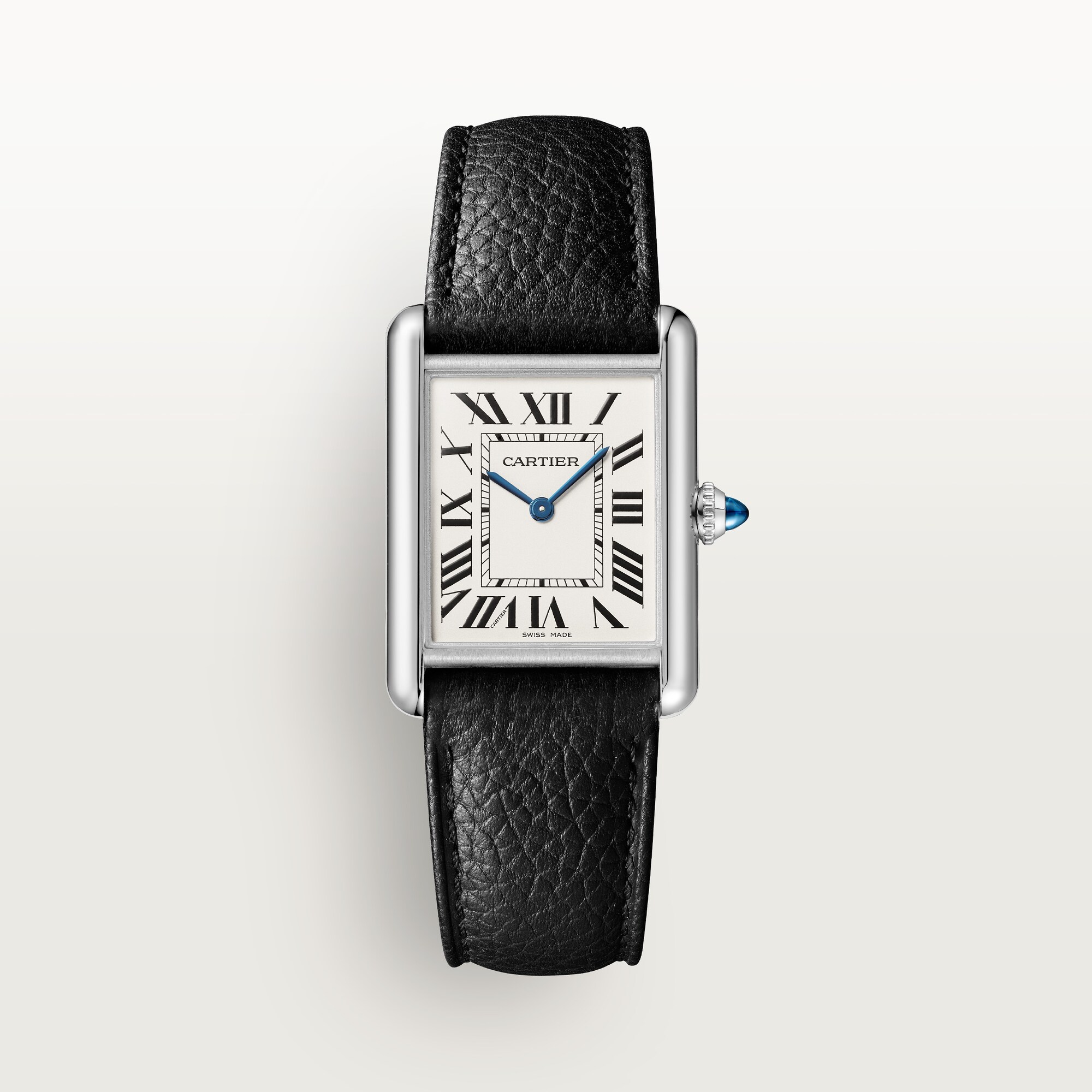 Front view of the large Tank Must dupe Cartier watch: steel case, white Roman numeral dial, and black leather strap.