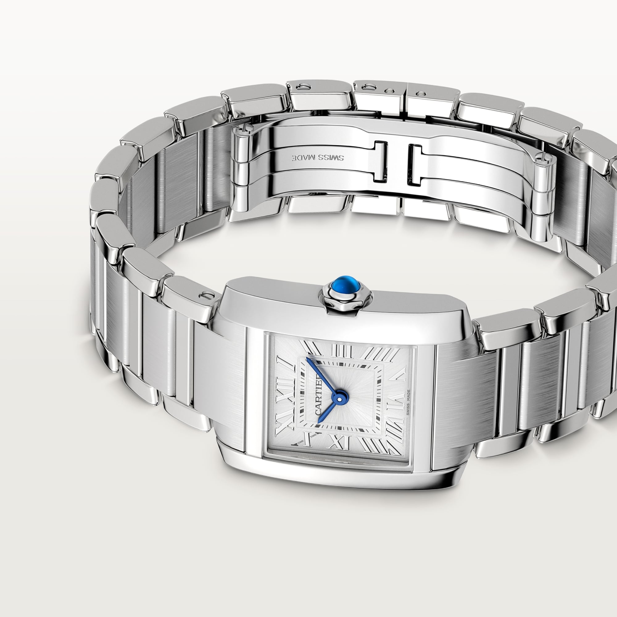 Steel bracelet clasp and case detail of the small Tank Française dupe Cartier watch, full steel version.