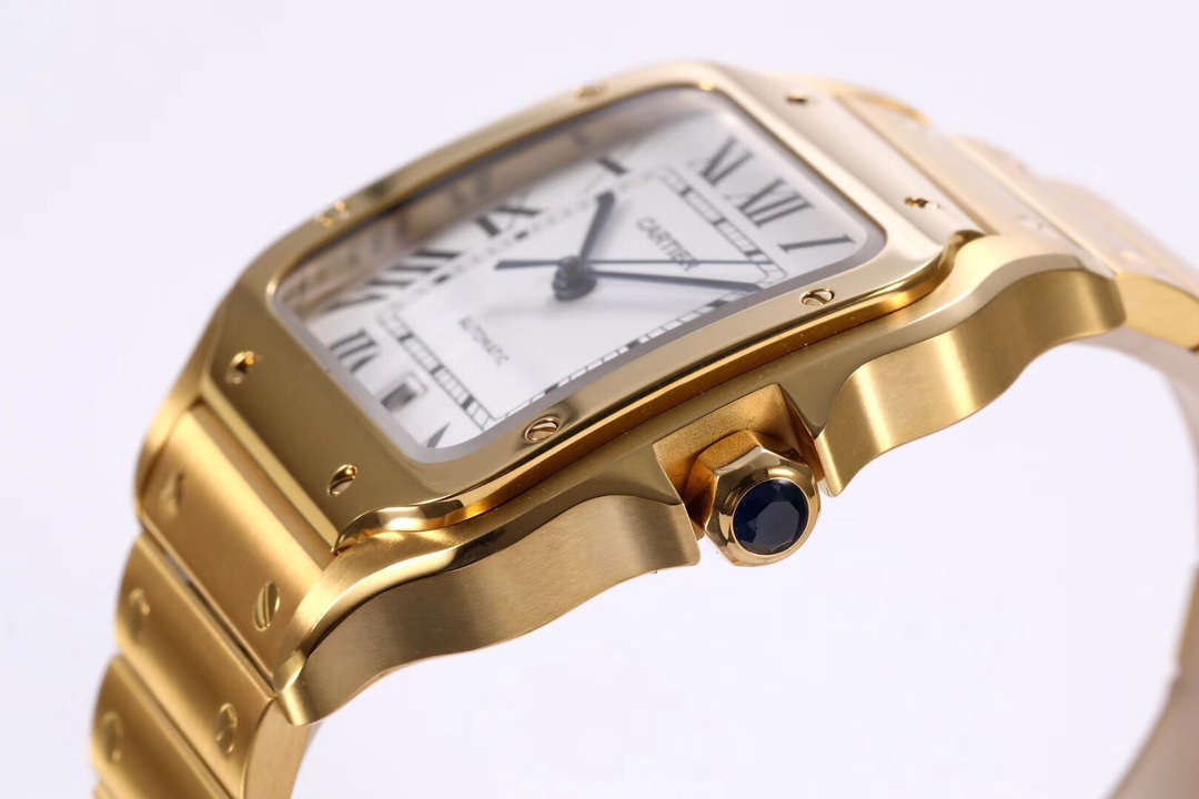 Close-up of the crown on the BVF Super Clone Cartier Santos replica watch, featuring the iconic blue gemstone and gold and steel case.