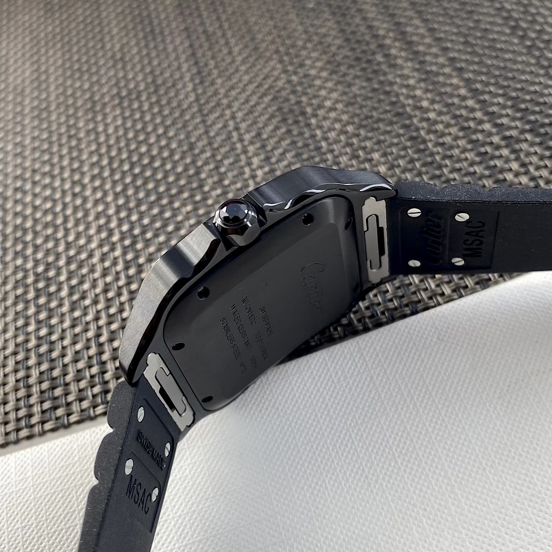 Side view of the BVF Super Clone Cartier Santos WSSA0039 black case replica watch, showcasing the case thickness, crown, and lug connection details.