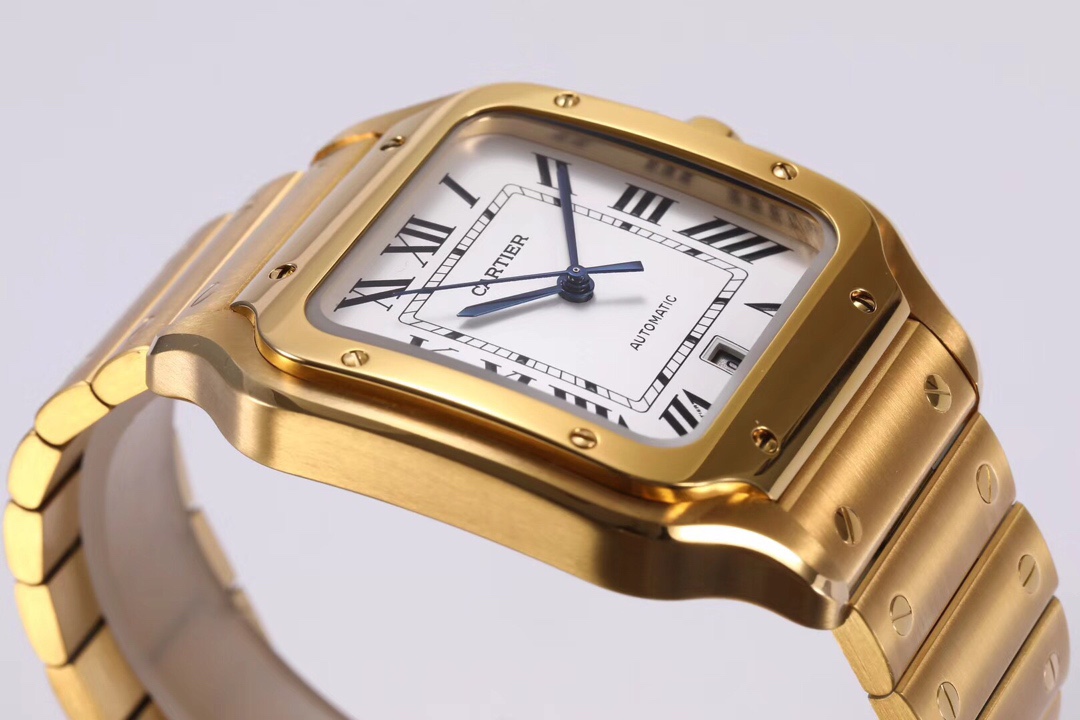 Side view of the BVF Super Clone Cartier Santos replica watch, focusing on the white dial and elegant gold and steel bracelet.