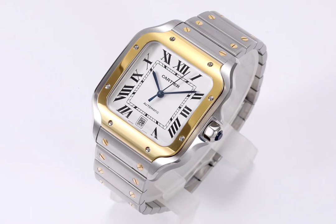 BVF Super Clone Cartier Santos two-tone case replica watch clearly displaying the date window and its elegant gold and steel bracelet.
