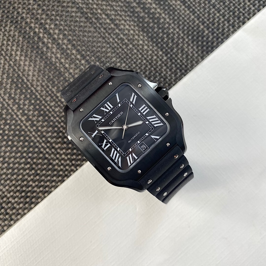 Close-up top view of the BVF Super Clone Cartier Santos WSSA0039 black case replica watch, emphasizing the wave pattern in the center of the dial and Roman numeral hour markers.