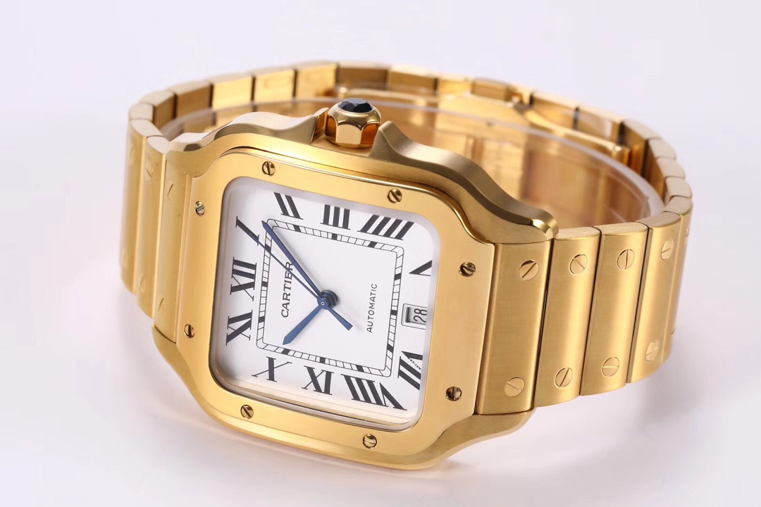 Angled view of the BVF Super Clone Cartier Santos replica watch, with a close-up of the crown and the gold and steel bracelet.