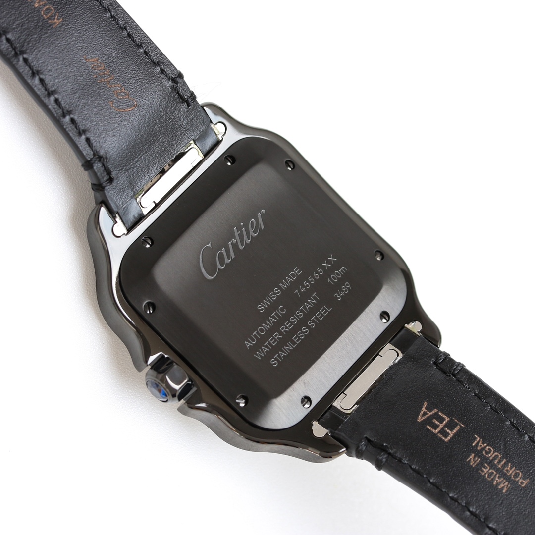 Caseback of the BVF Super Clone Cartier Santos black case replica watch showing
