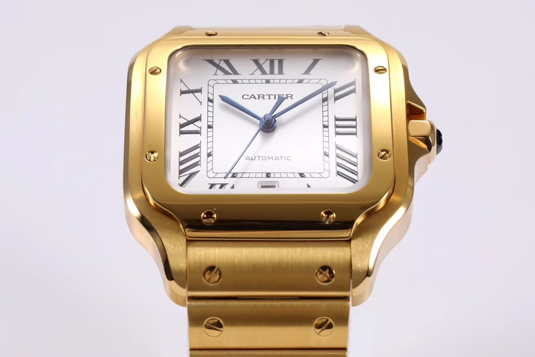 Angled view of the BVF Super Clone Cartier Santos replica watch, highlighting the details of its gold and steel case and white dial.