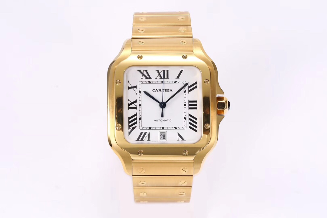 Full view of the BVF Super Clone Cartier Santos replica watch, showcasing its gold and steel case, white dial, date function, and steel bracelet.