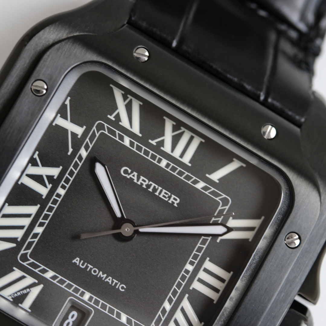 Close-up of the dial of the BVF Super Clone Cartier Santos black case replica watch, showing clear Roman numerals and