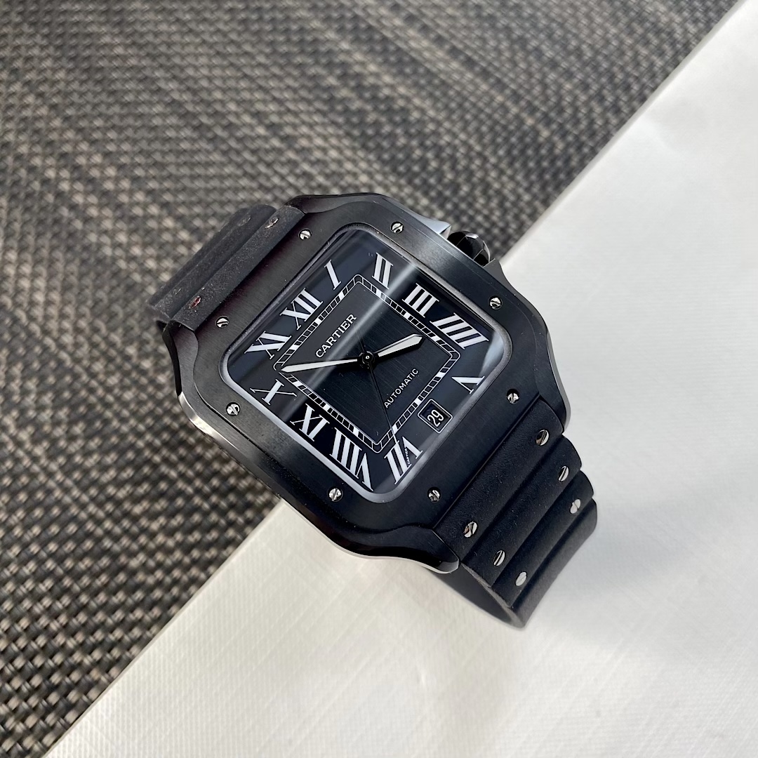 Angled top-down view of the BVF Super Clone Cartier Santos WSSA0039 black case replica watch, better showcasing the square case profile and dial details.