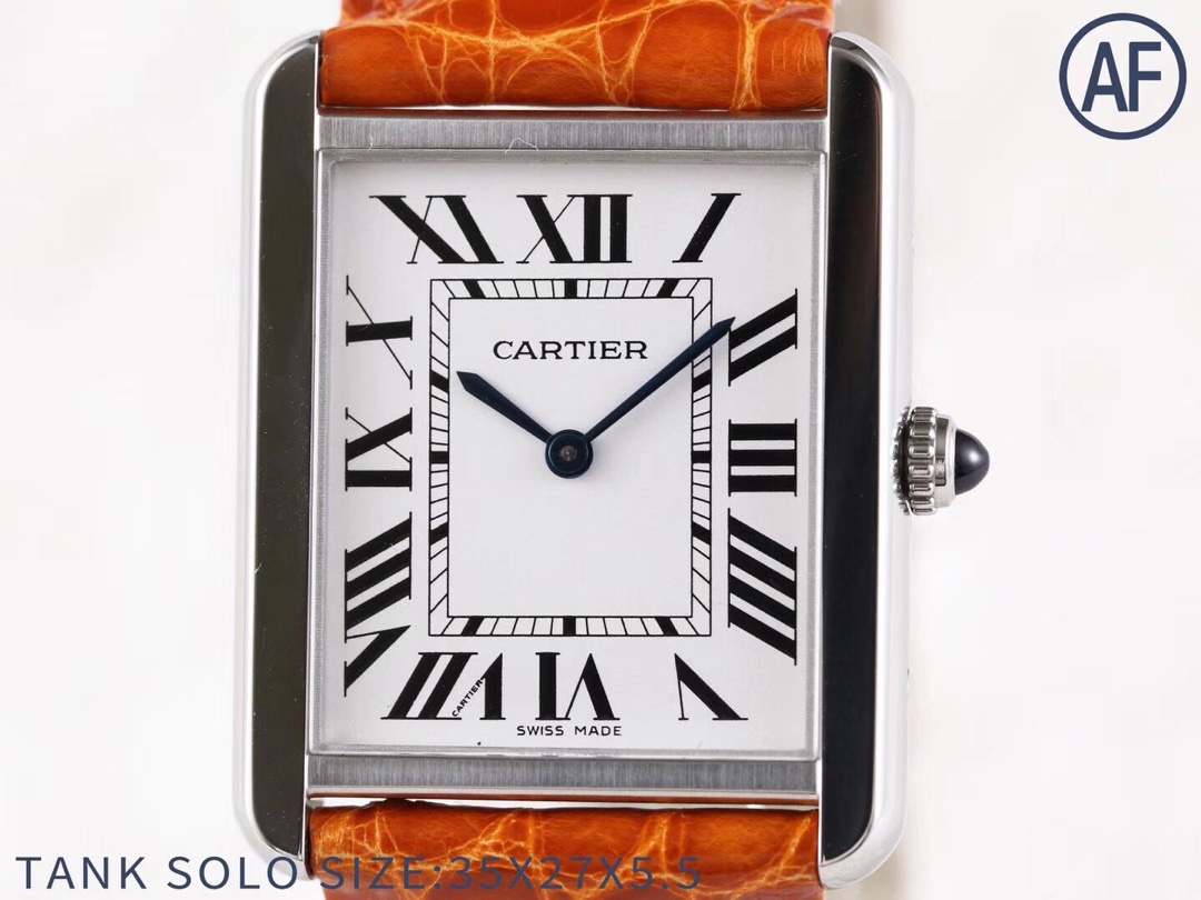 Close-up of the dial of the AF Super Clone Cartier Tank Solo silver case replica watch, featuring a white dial with Roman numerals and
