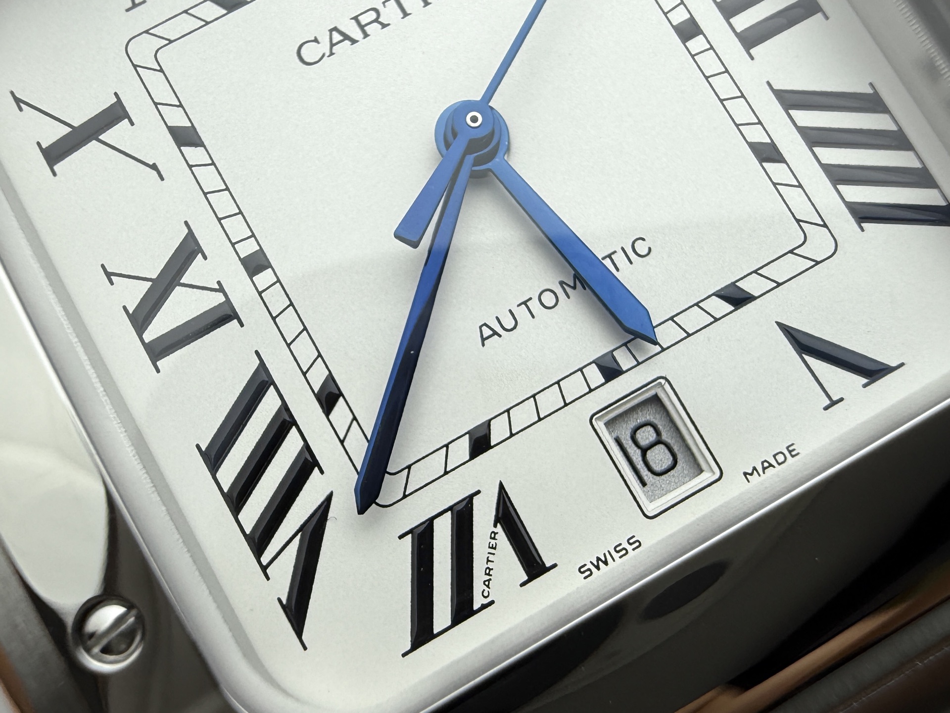 Close-up of the dial of the BVF Super Clone Cartier Santos replica watch, showing the date window