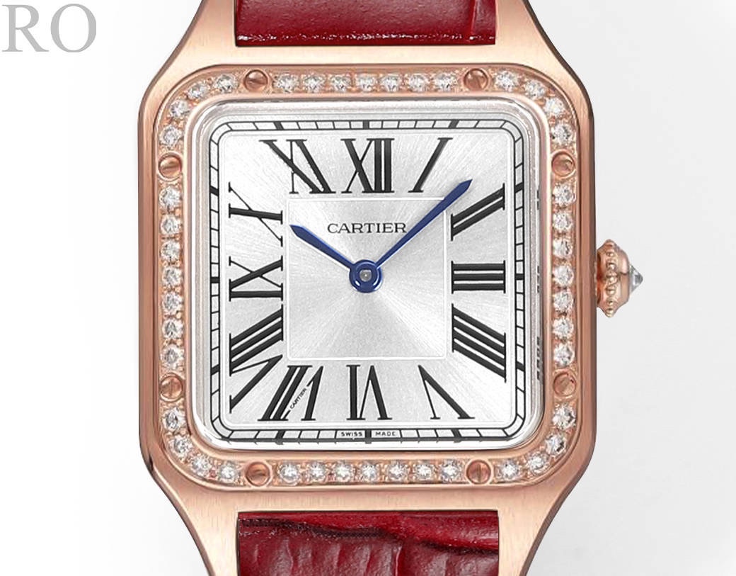 Super Clone | RO Factory Ladies Santos-Dumont Watch Small Model Rose Gold Diamond Bezel Red Strap