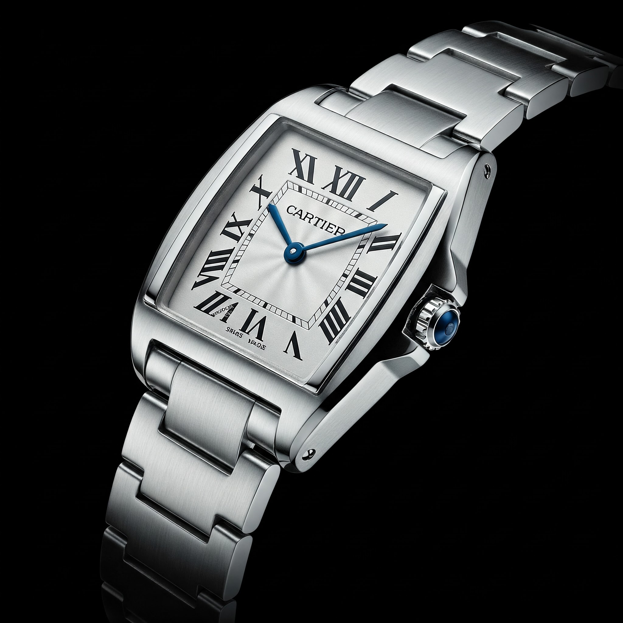 Close-up of a Cartier-inspired timepiece featuring Roman numerals, blue hands, and a silver bracelet, reflecting classic luxury design.