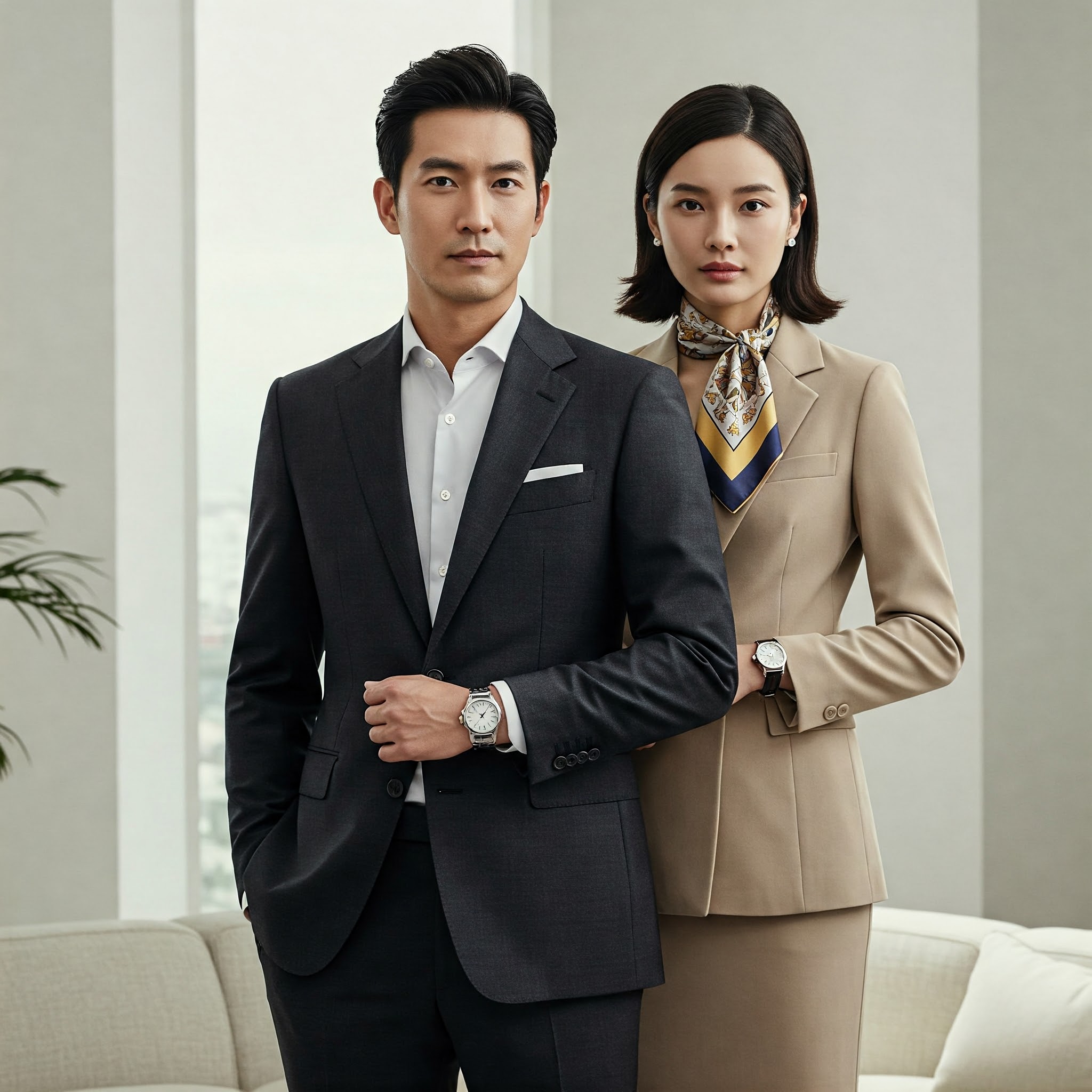 A professional couple dressed in business suits, each wearing a Cartier-inspired watch, showcasing elegance and sophistication for business occasions.