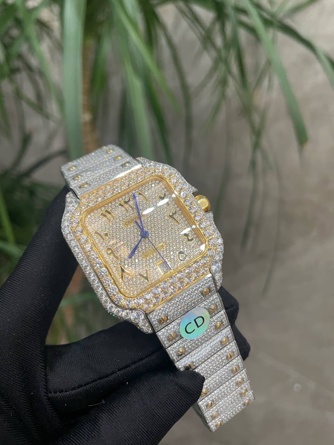 Santos Men's 40mm Large 2-Tone Watch Roman Iced 20ct Diamonds SOLITAIRE