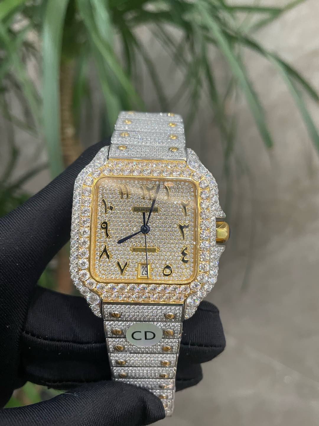 Santos Men's 40mm Large 2-Tone Watch Roman Iced 20ct Diamonds SOLITAIRE