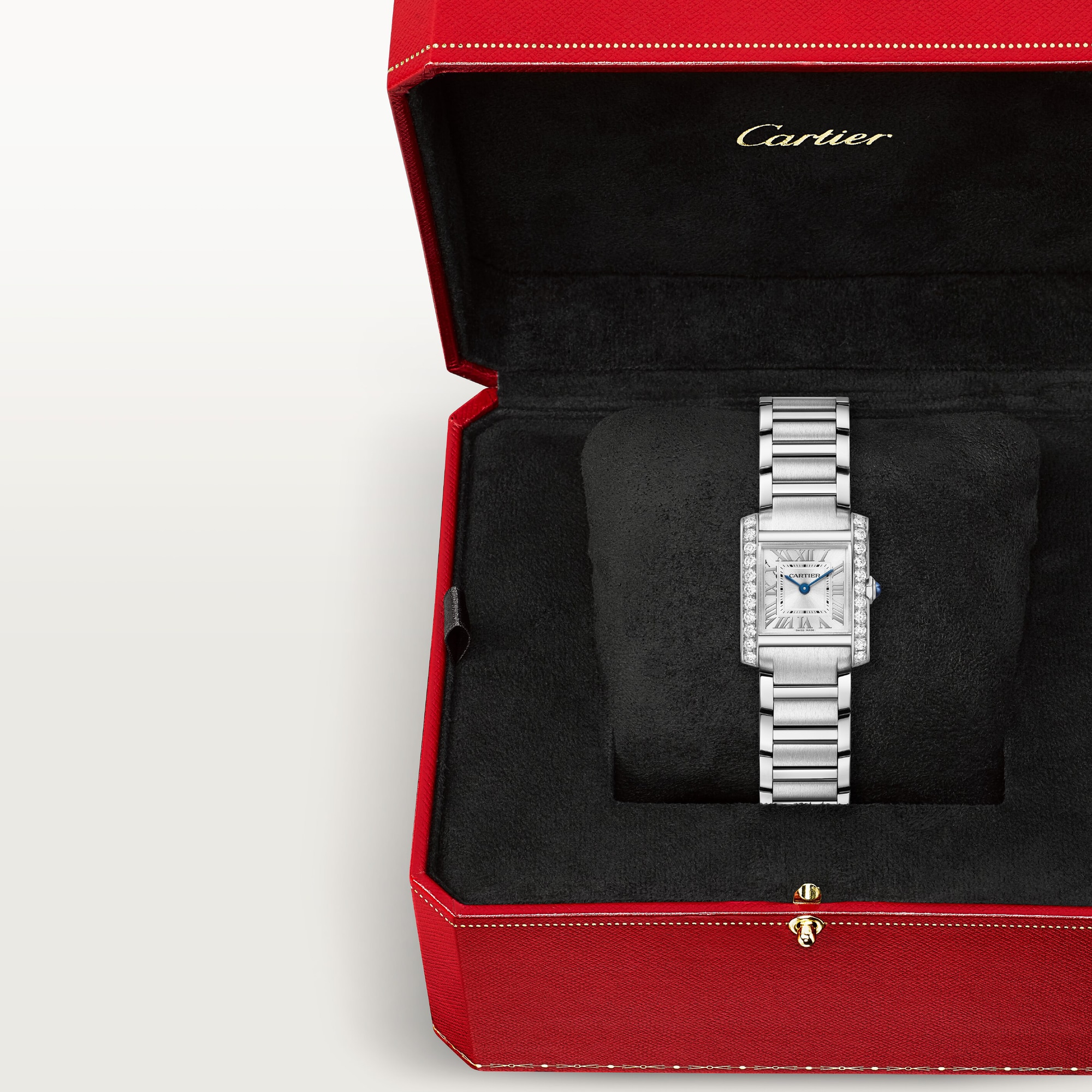 Dupe Tank Française small model diamond steel watch presented in its iconic red packaging box.