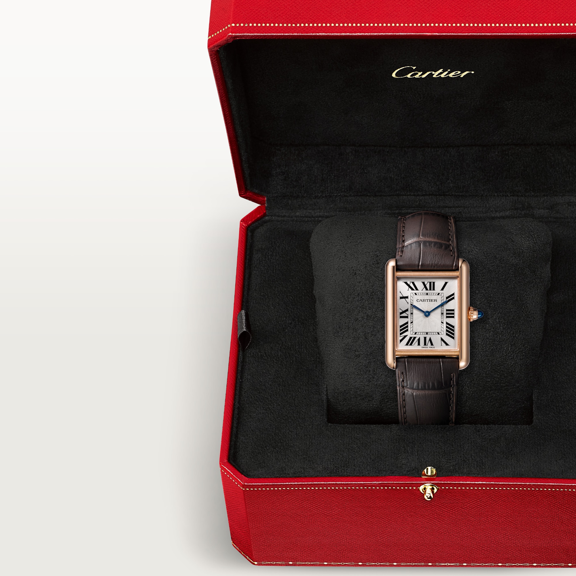 Dupe Tank Louis Cartier large model rose gold color watch with dark brown leather strap, presented in its brand packaging box.