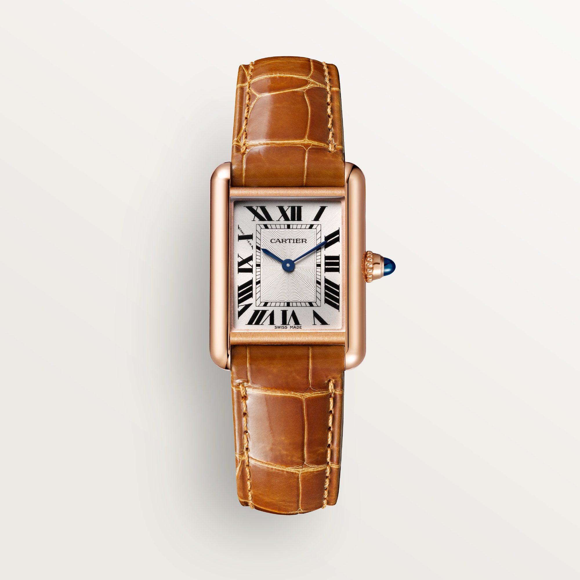 Front view of a Dupe Tank Louis Cartier small model watch, classic combination of a rose gold case and brown leather strap, white dial.