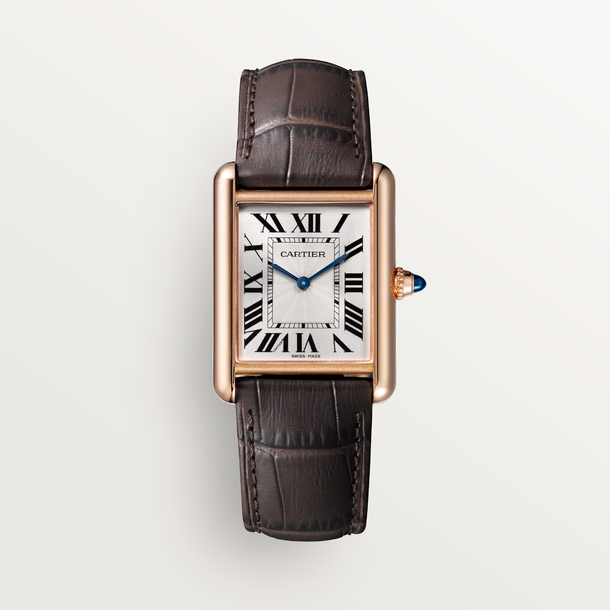 Front view of a Dupe Tank Louis Cartier large model watch with a rose gold color case and dark brown leather strap, classic Roman numeral dial.