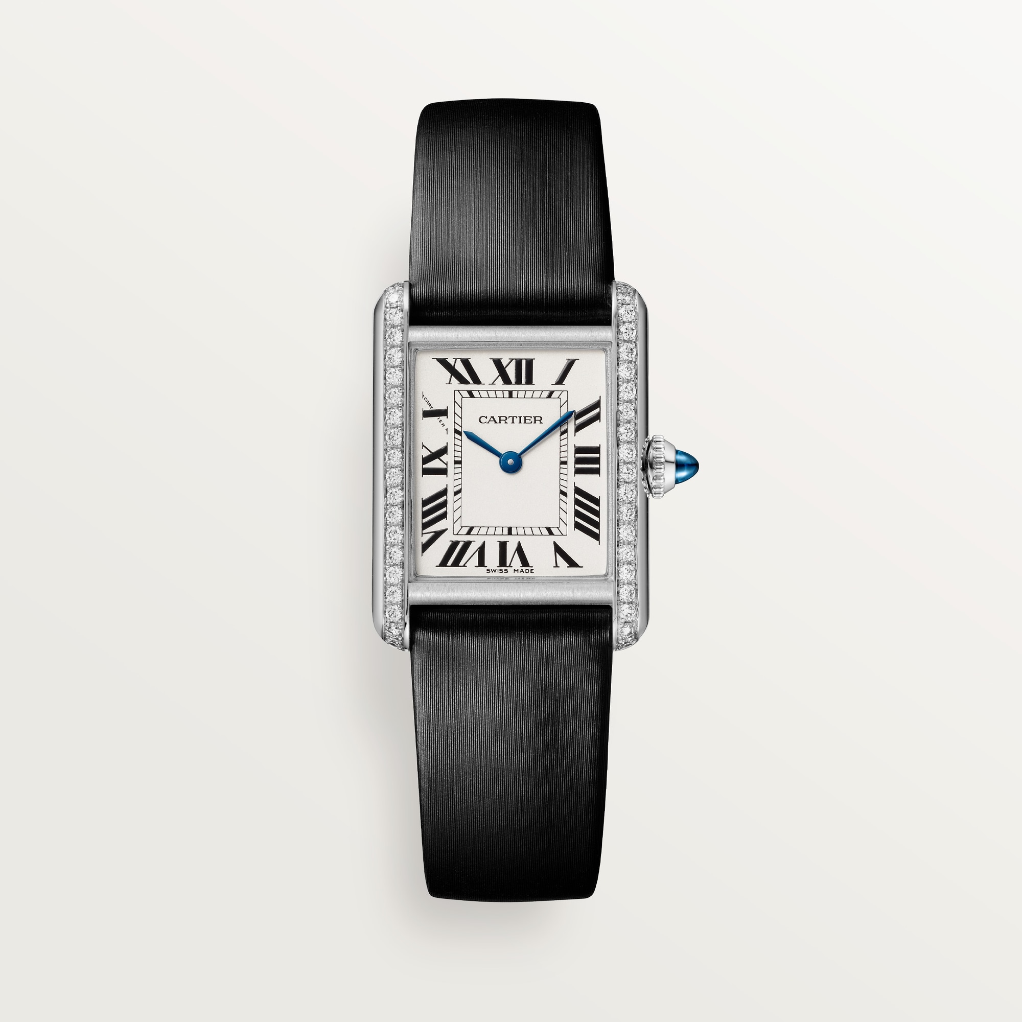 Front view of a Dupe Tank Must de Cartier small model watch with diamonds on the steel case edge and a black leather strap.