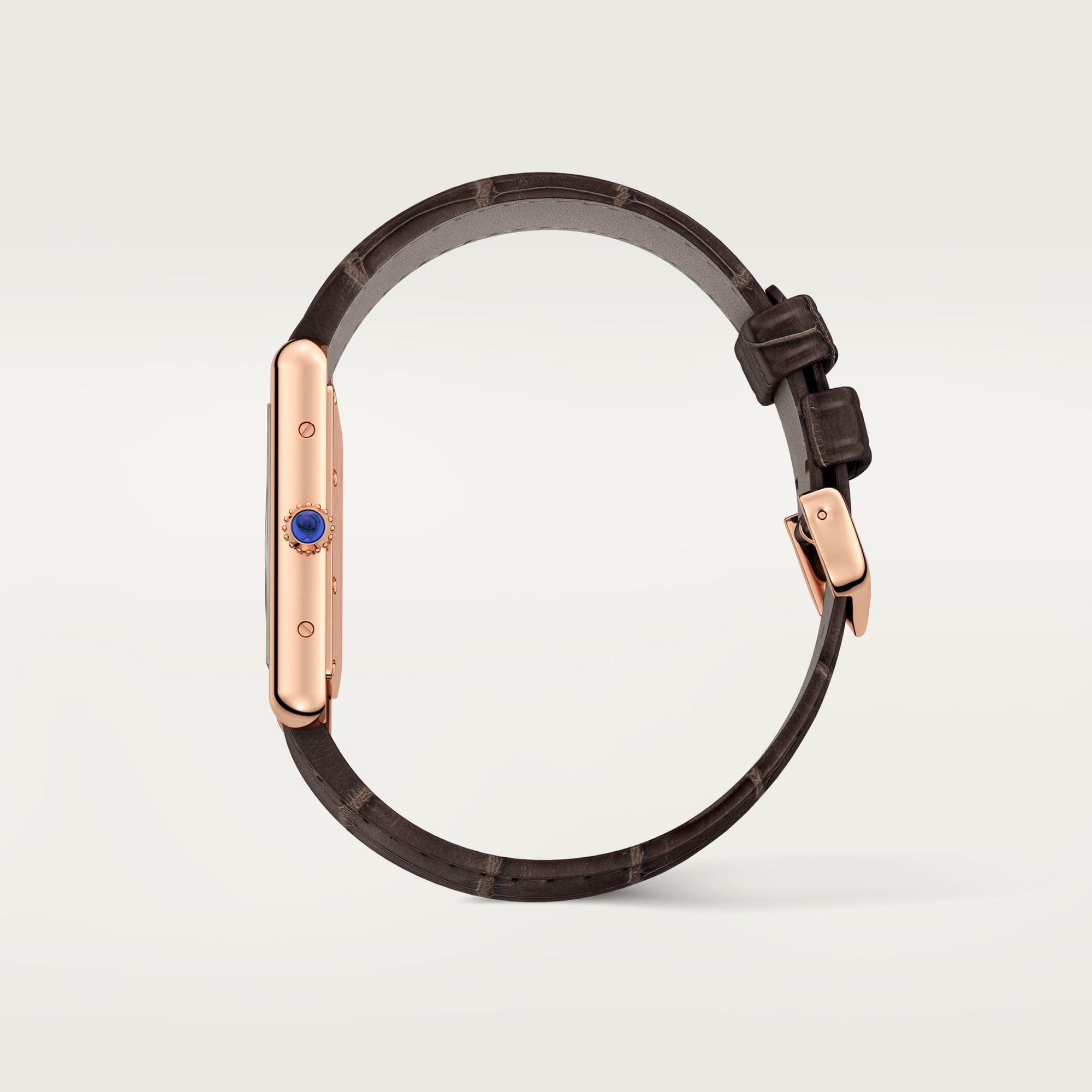 Full side profile of a Dupe Tank Louis Cartier large model watch, rose gold color case with a dark brown alligator-patterned leather strap.