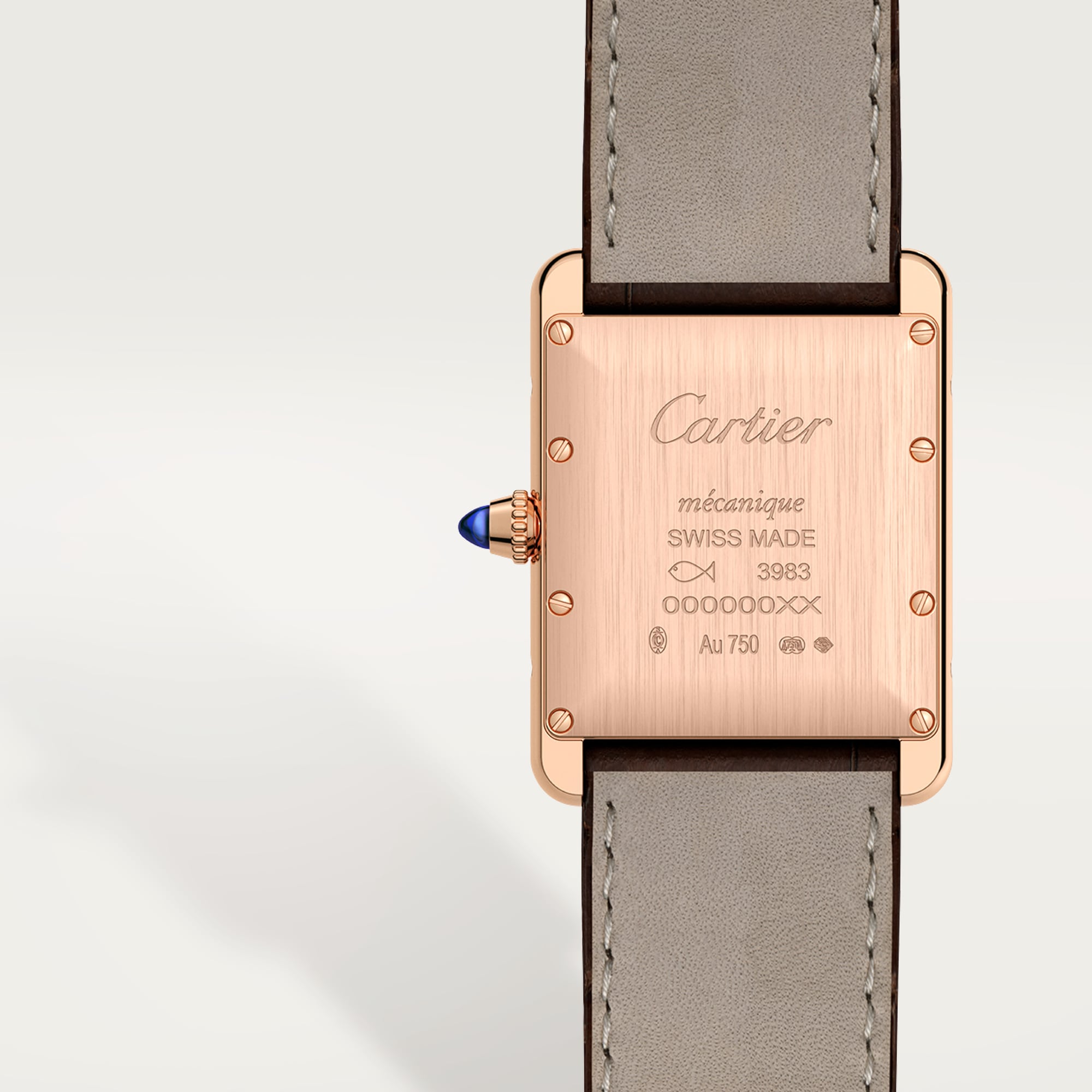 Close-up of the rose gold color caseback of a Dupe Tank Louis Cartier large model watch, showing brand and material information