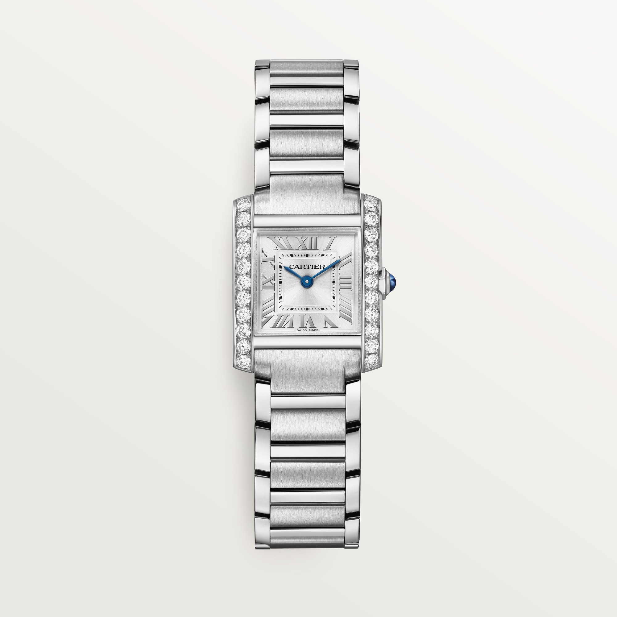 Front view of a Dupe Tank Française small model watch, showcasing its steel case, diamond details, and classic Roman numeral dial.
