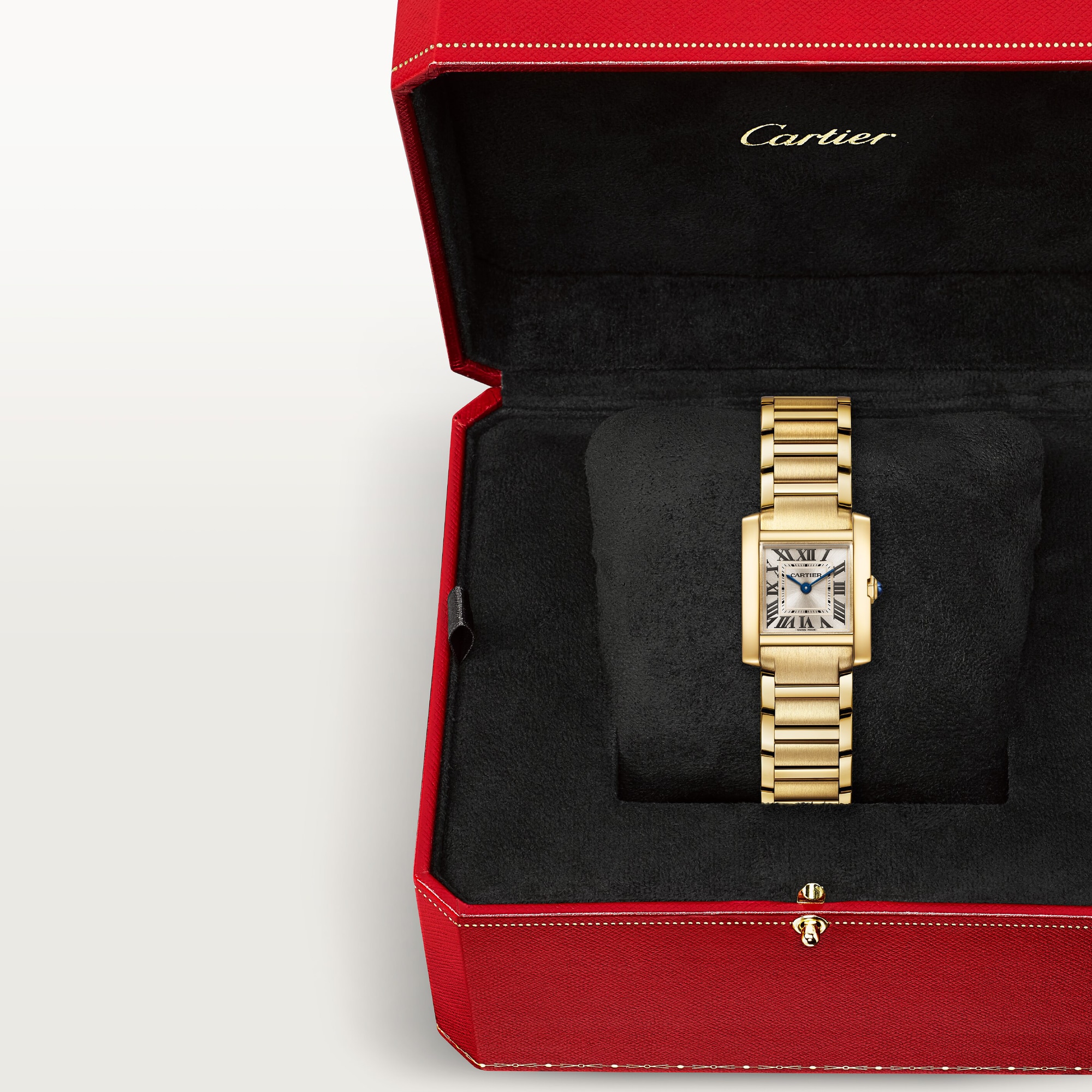 In box: Dupe Tank Française small model yellow gold colors watch with metal bracelet, presented in its iconic red brand packaging.