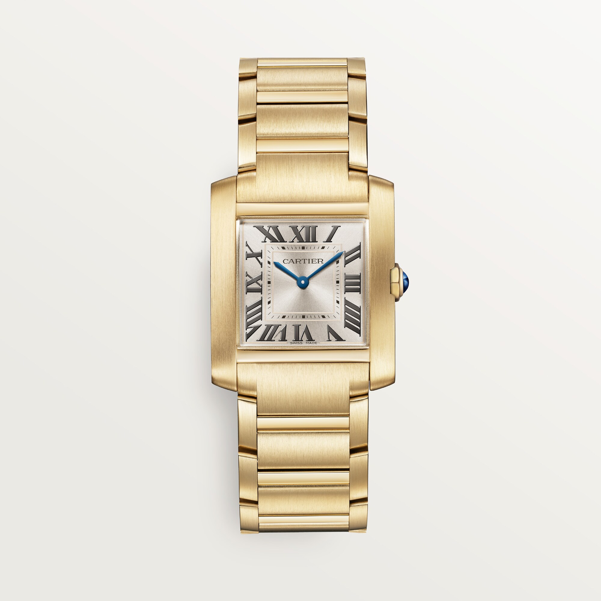 Front view: Dupe Tank Française medium model watch with a yellow gold colors case, white dial, and matching metal bracelet.