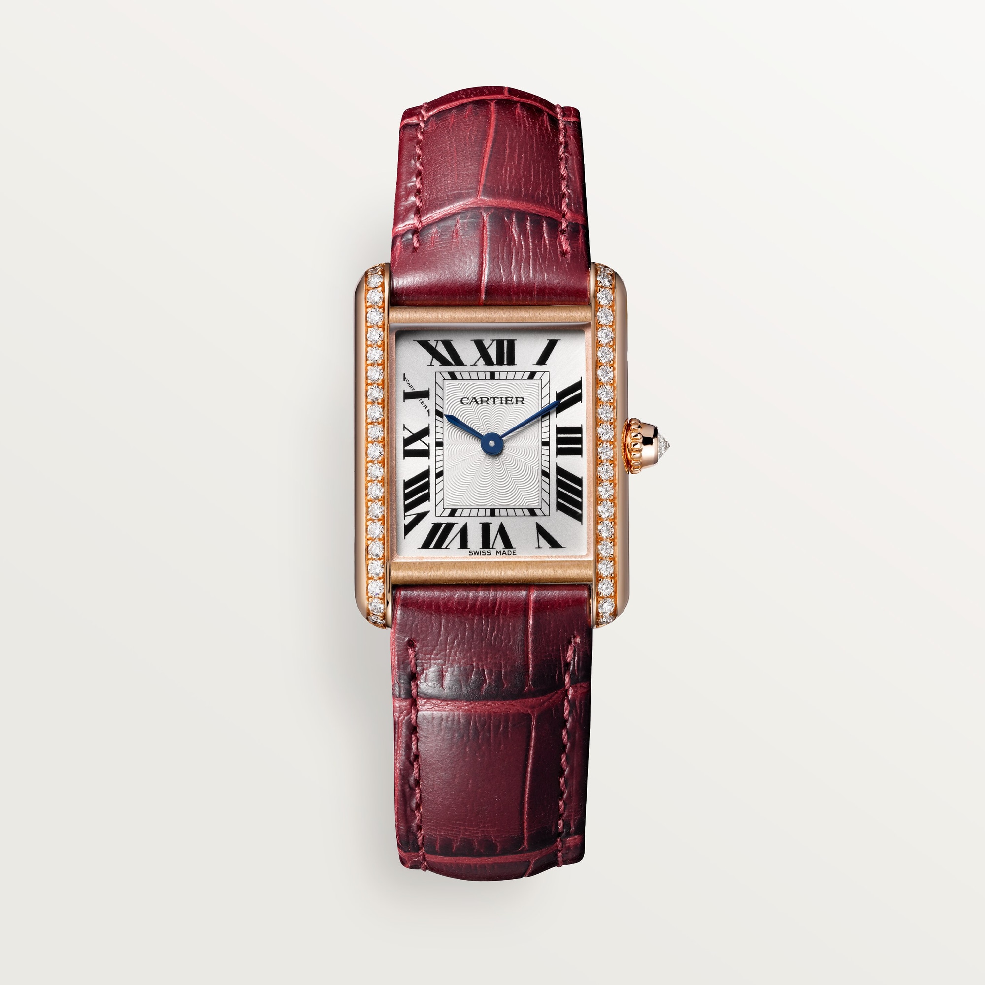 Front view: Dupe Tank Louis Cartier small model watch, rose gold diamond-set case, white dial, and burgundy alligator-patterned leather strap.