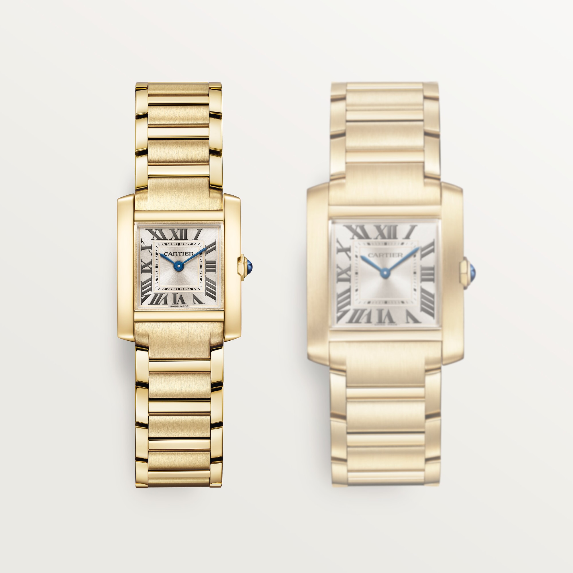 Comparison: Dupe Tank Française watches, featuring a small model with a yellow gold colors case and metal bracelet.