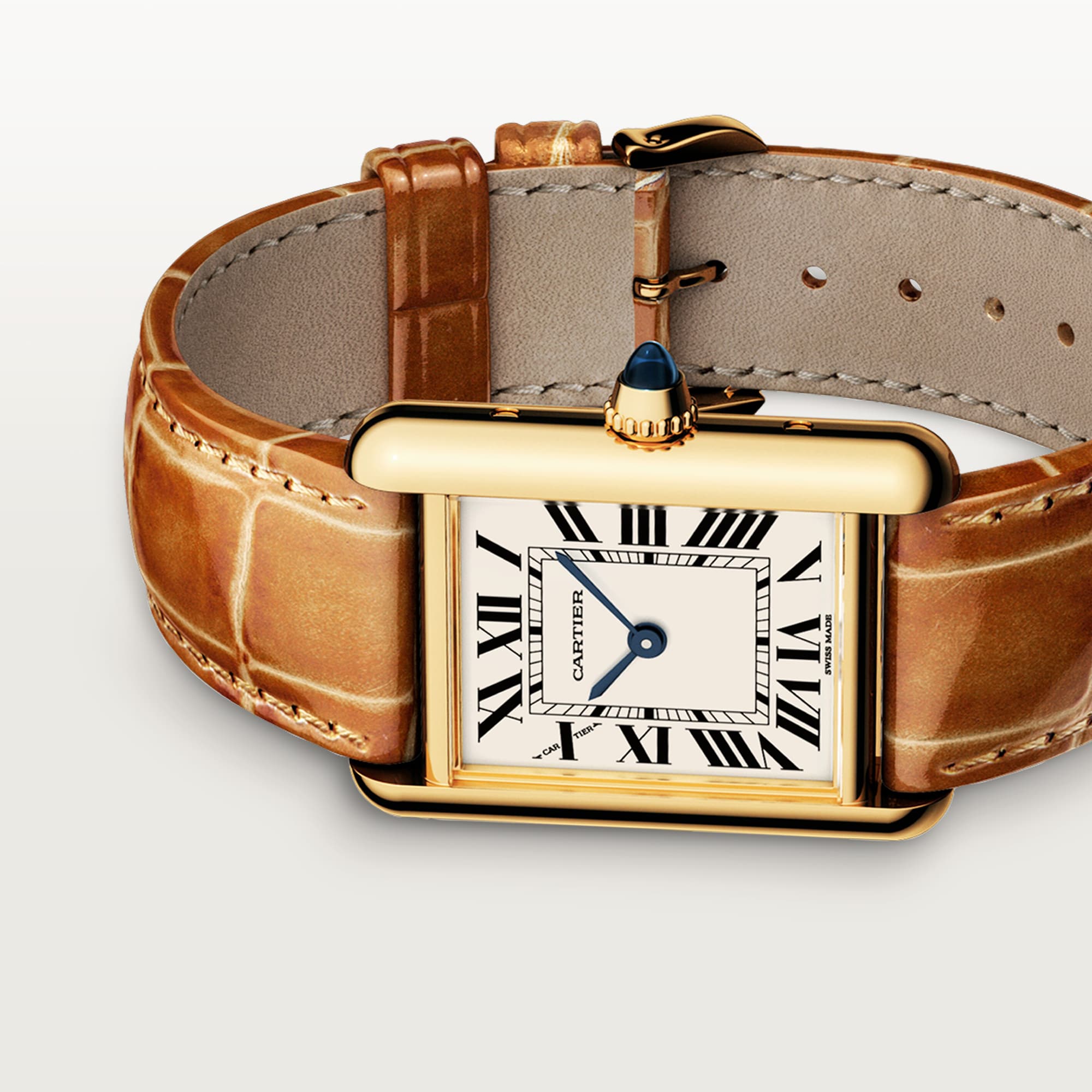 Angled view: Dupe Tank Louis Cartier small model watch with yellow gold colors case, white dial, and brown alligator-patterned leather strap.