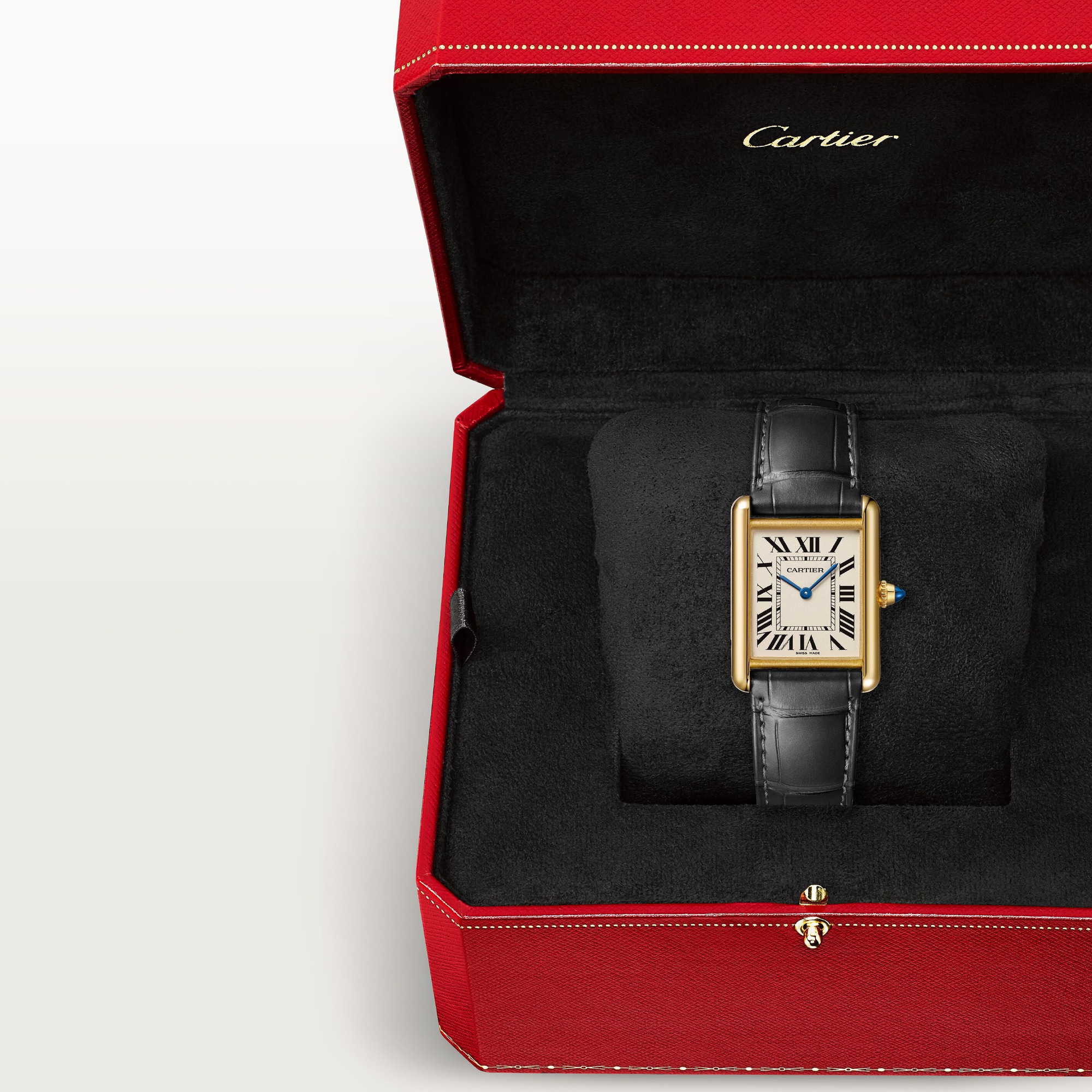 In box: Dupe Tank Louis Cartier large model yellow gold colors watch with black leather strap, presented in its iconic red brand packaging.
