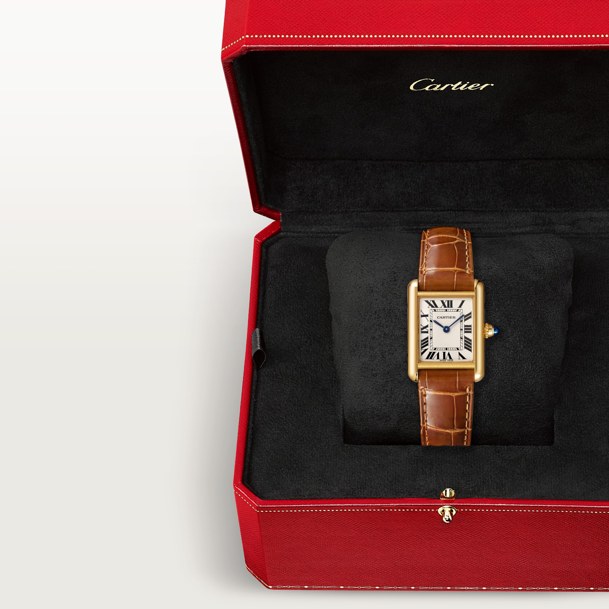 In box: Dupe Tank Louis Cartier small model yellow gold colors watch with brown leather strap, presented in its iconic red brand packaging.